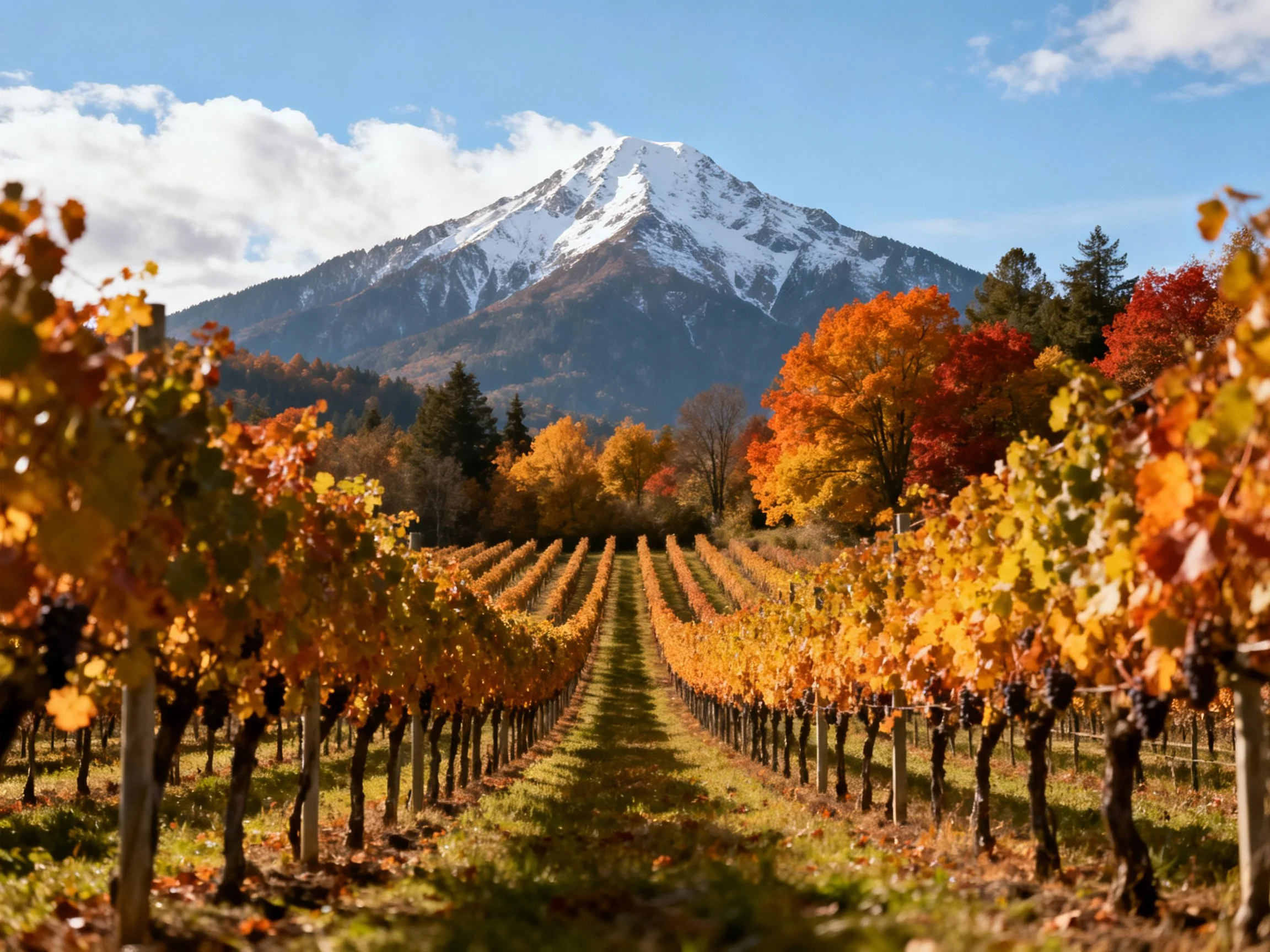 Vibrant autumn vineyard with snow-capped mountain backdrop