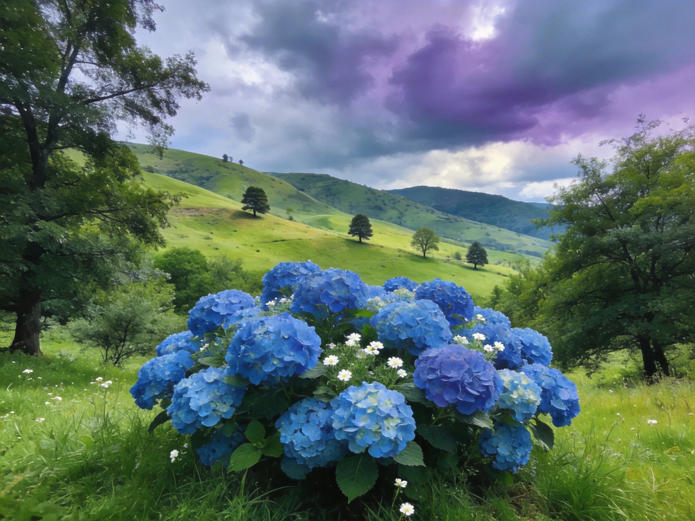 Vibrant blue hydrangeas amidst lush green hills and dramatic purple-hued skies