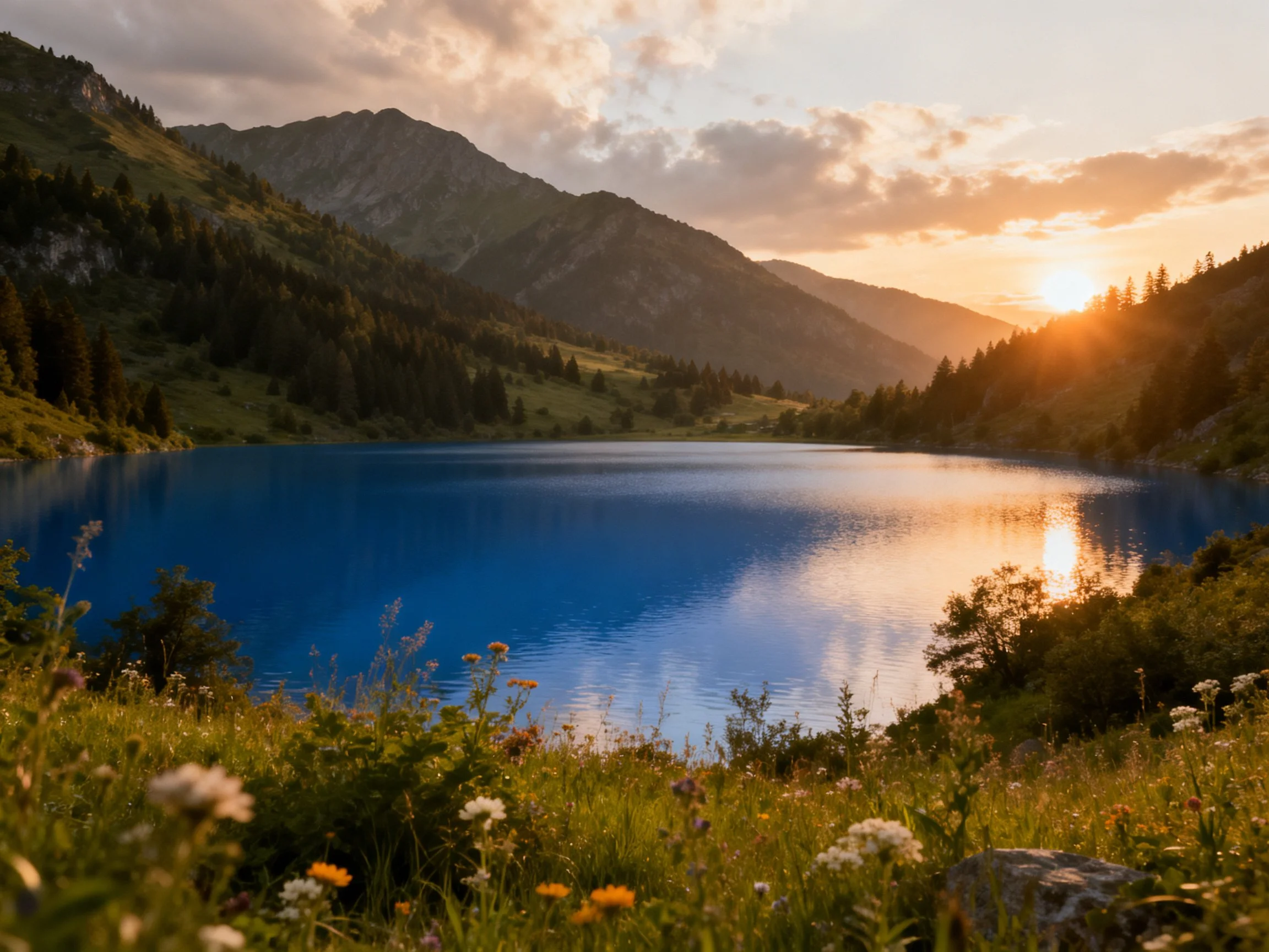 Vibrant blue lake amid forested mountains under glowing sunset sky