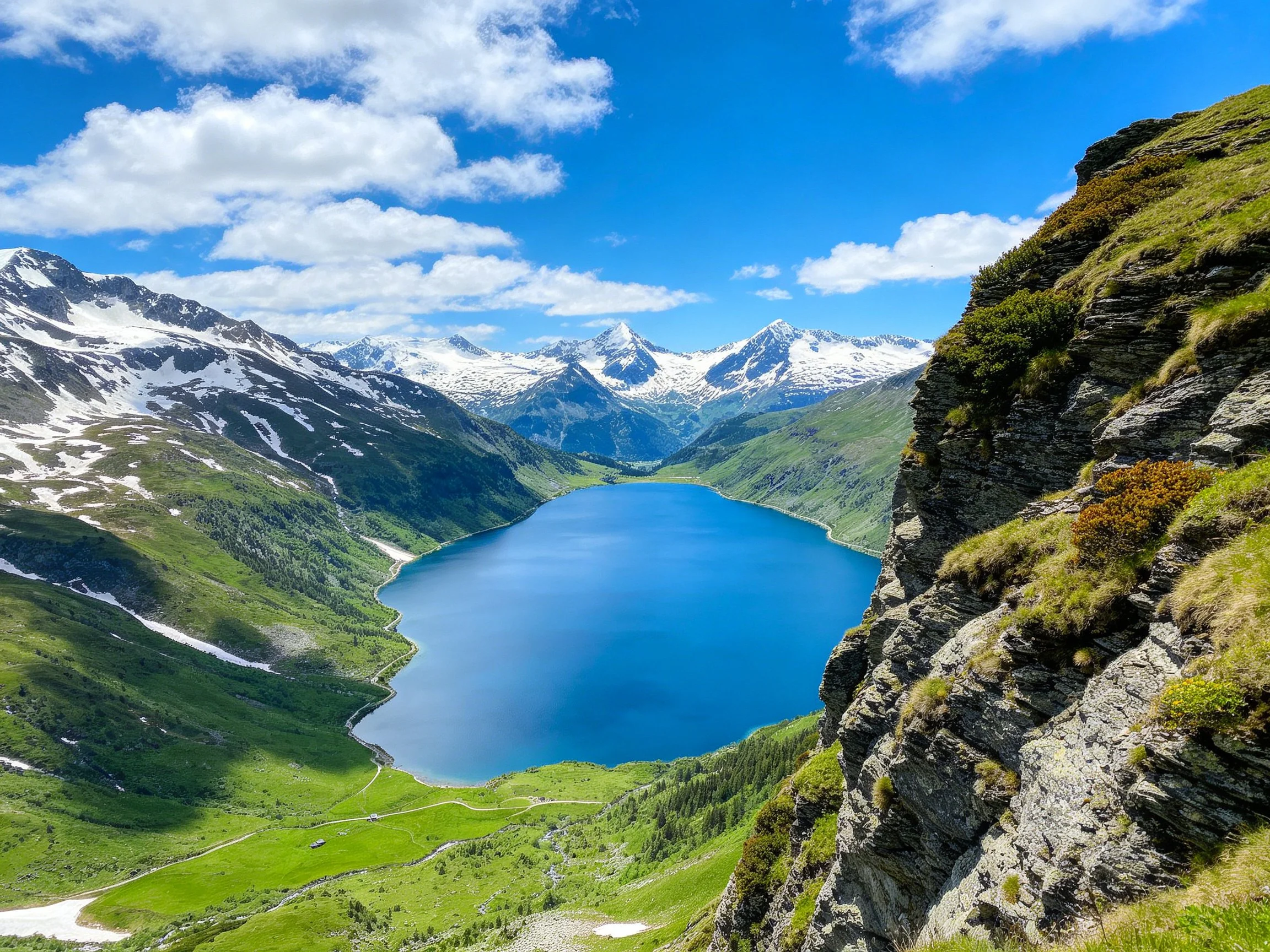 Vibrant blue lake nestled amid lush green valleys and snow-capped mountains