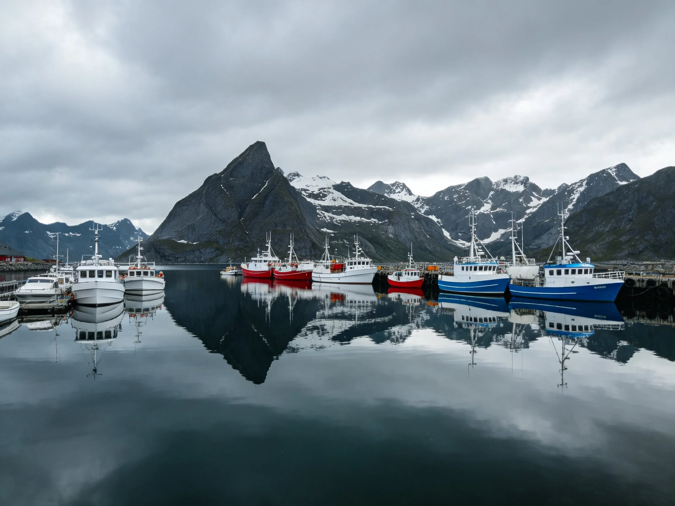 Vibrant boats docked beside snow-capped mountains on mirror-like water