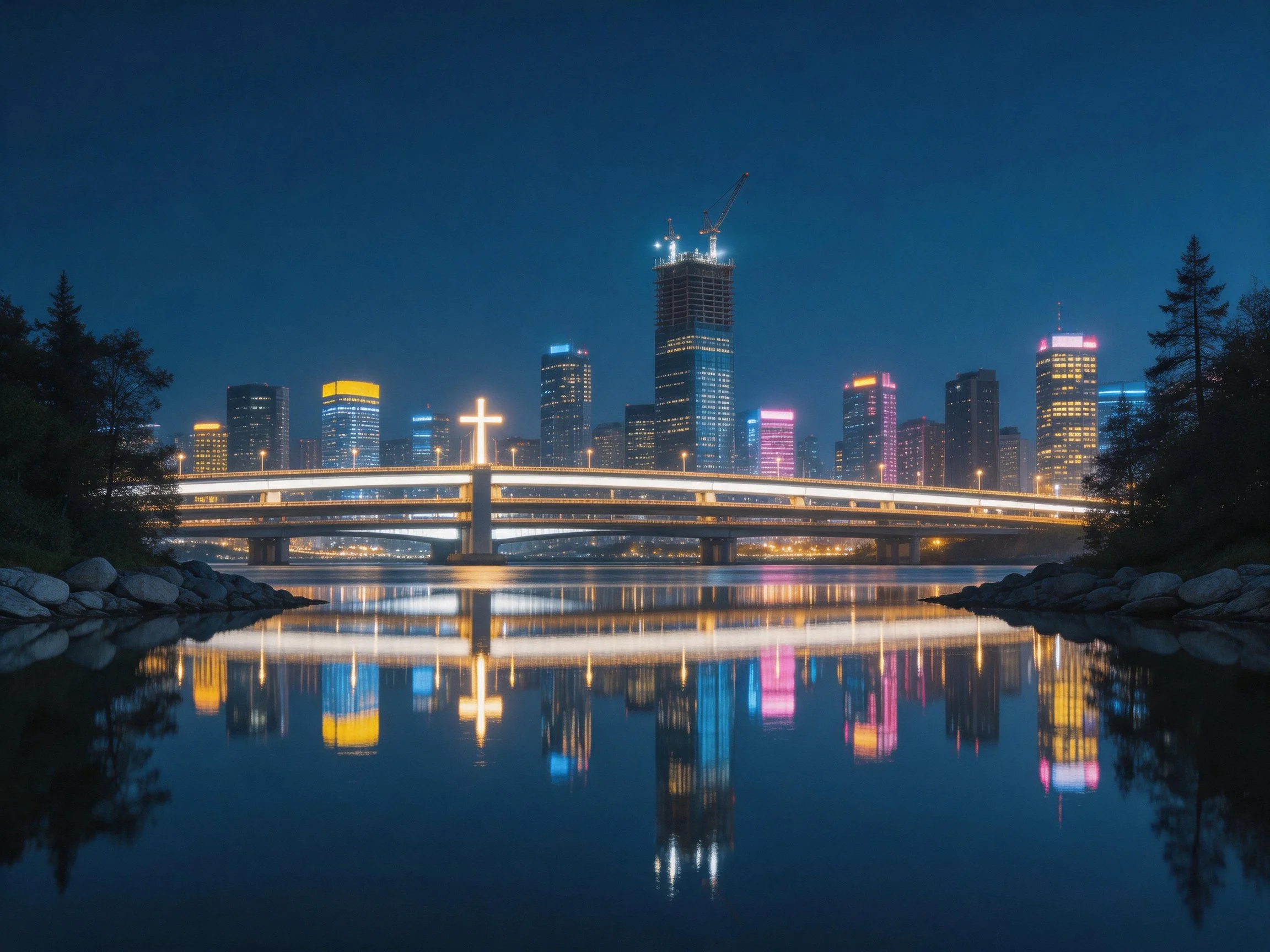 Vibrant city skyline with lit bridge reflecting in calm water at night