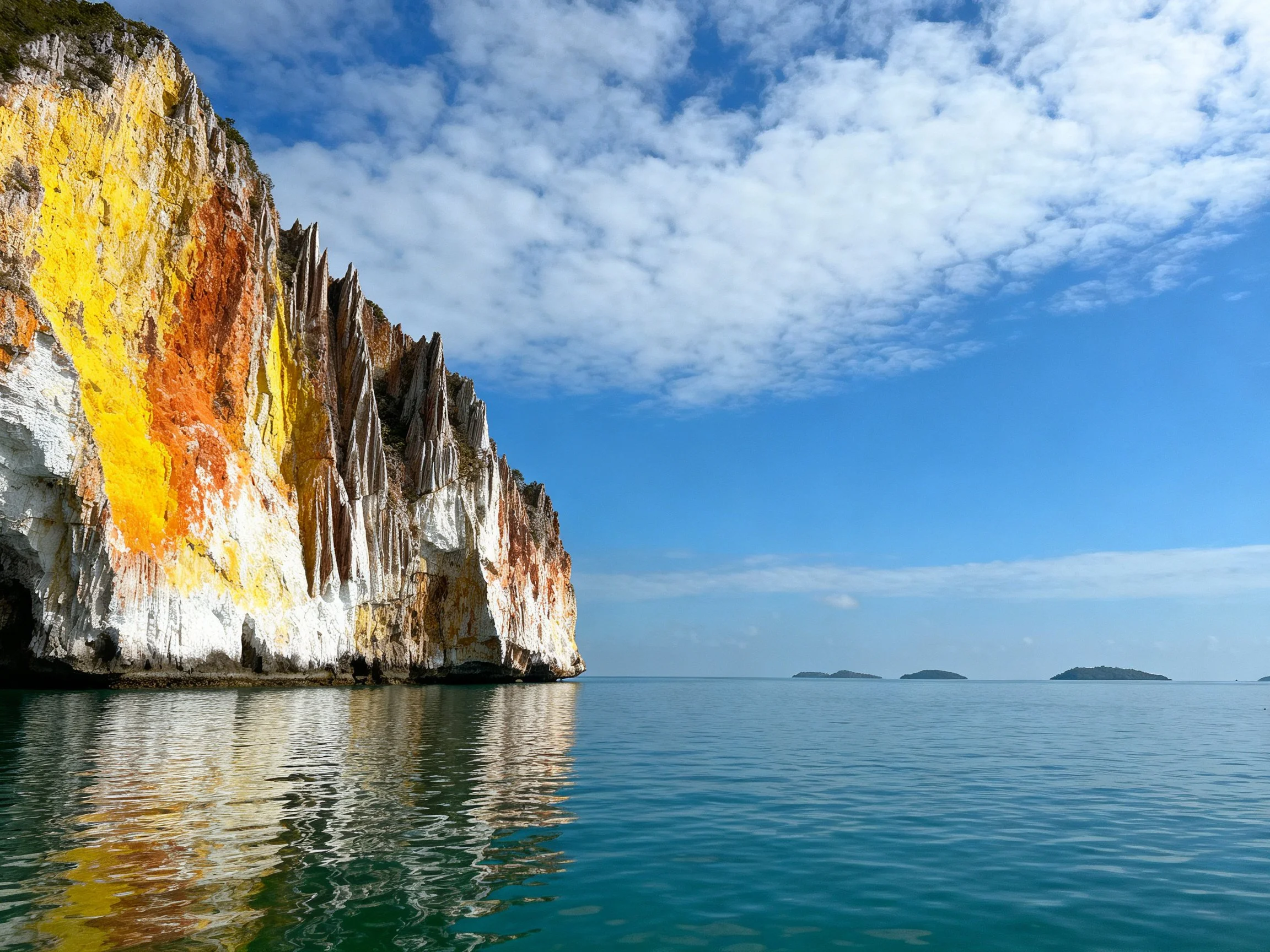 Vibrant cliff with multicolored rock formations by calm blue waters