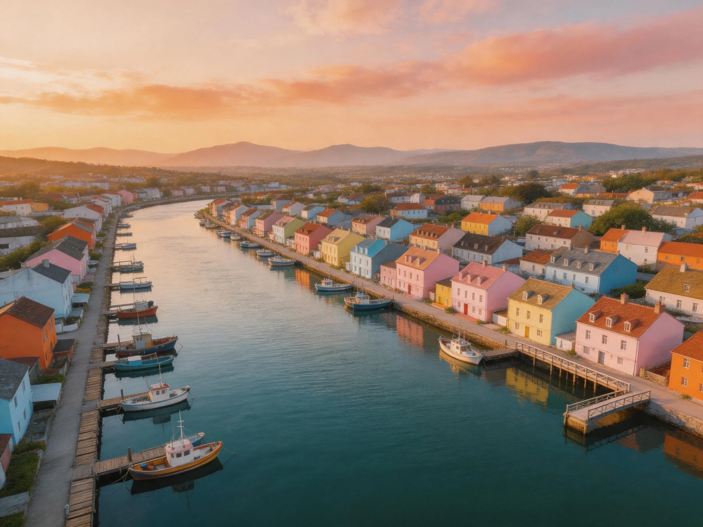 Vibrant-colored homes border a canal with boats beneath a sunset sky