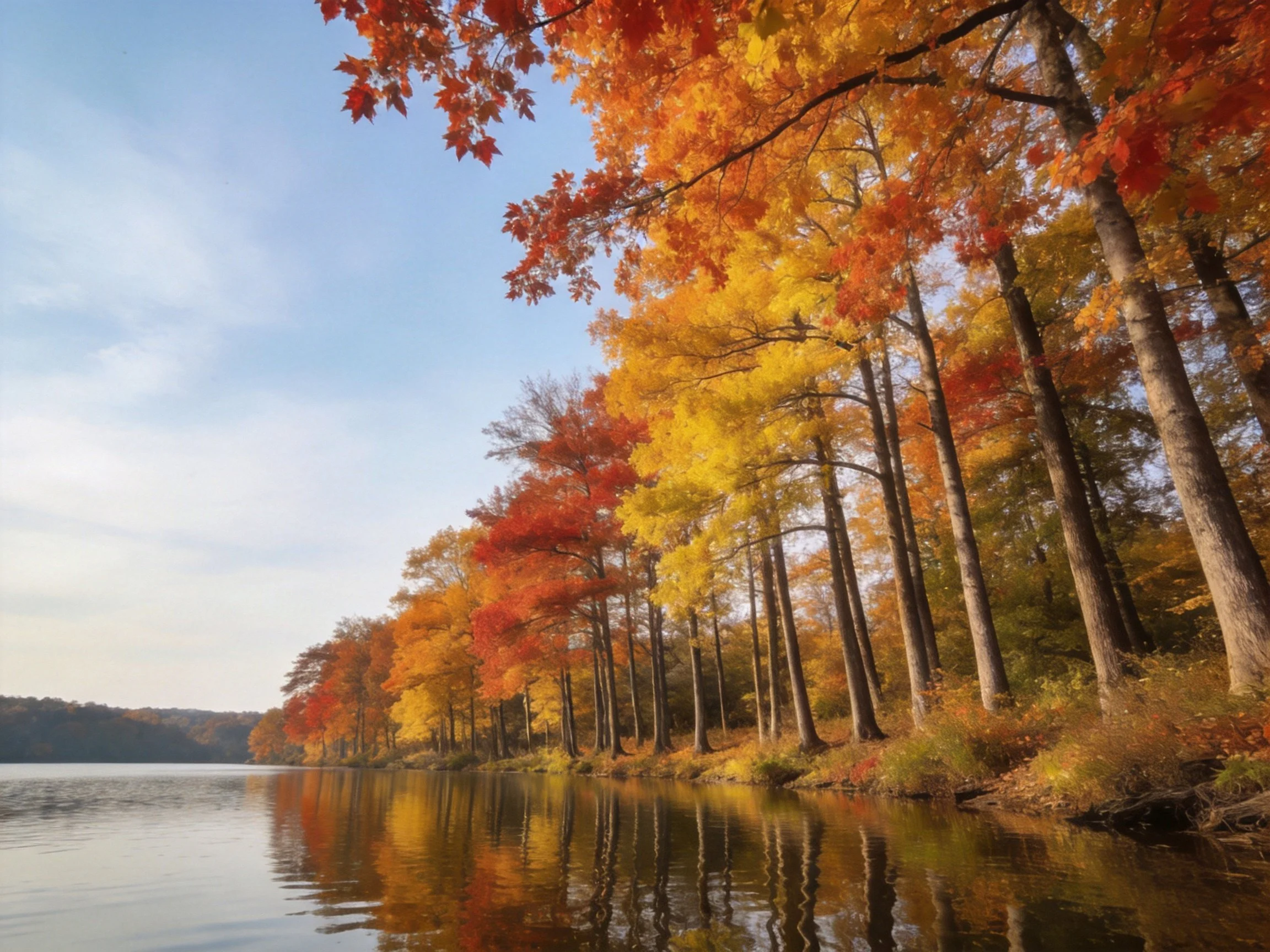 Vibrant fall foliage reflects in a serene lakeside autumn scene