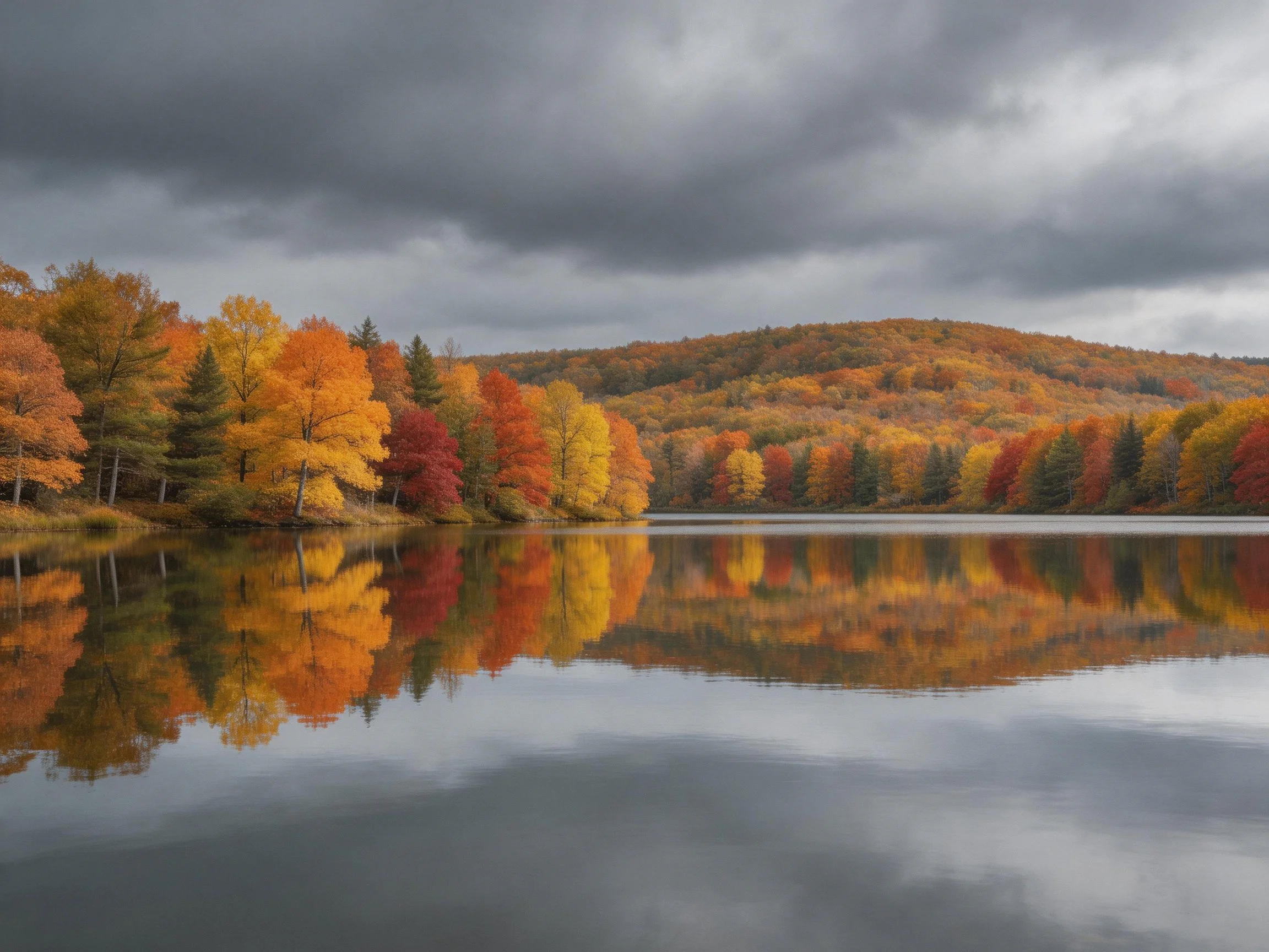 Vibrant fall foliage reflects in calm lake beneath stormy sky