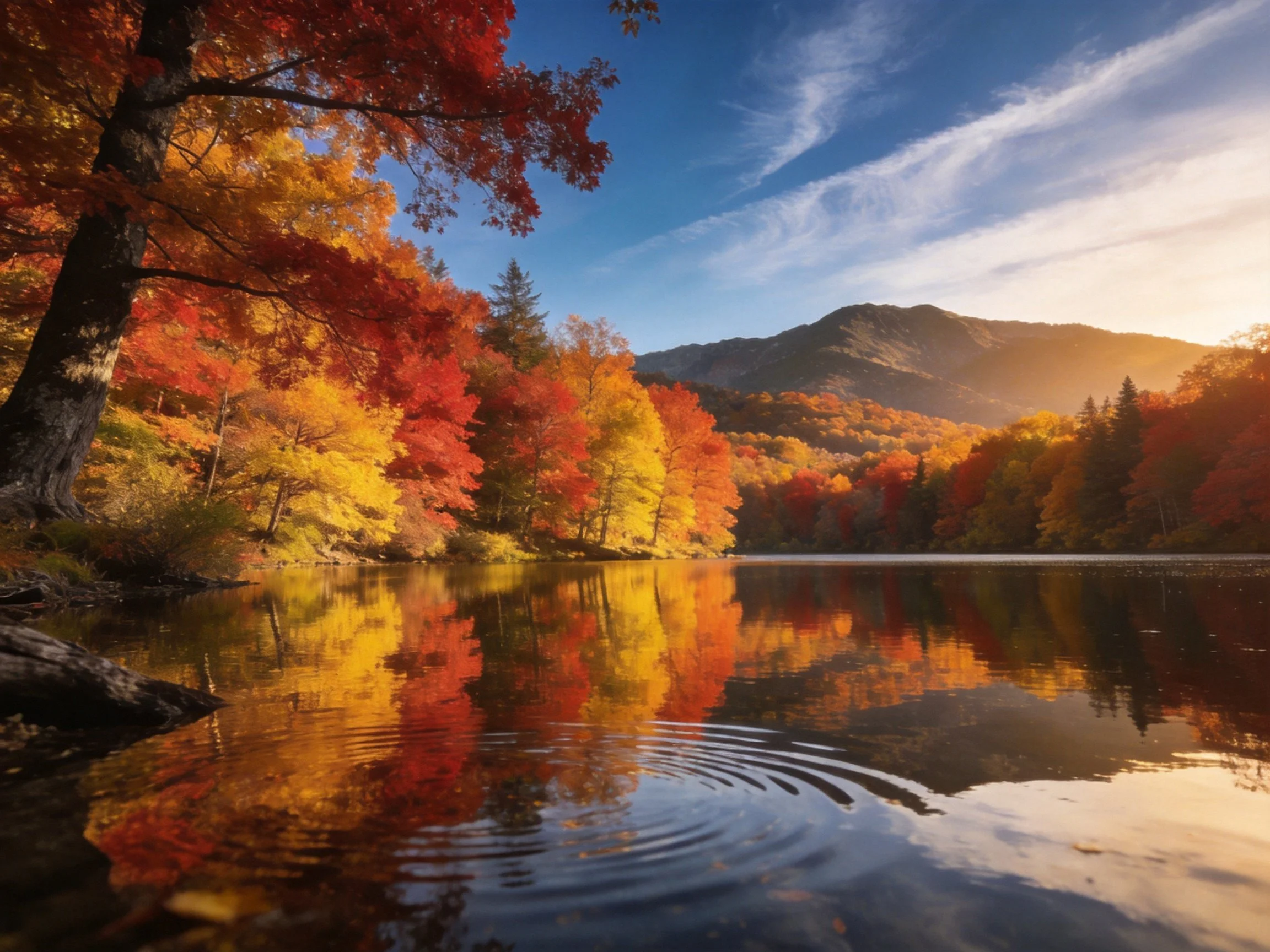 Vibrant fall foliage reflects in calm lake near mountain range