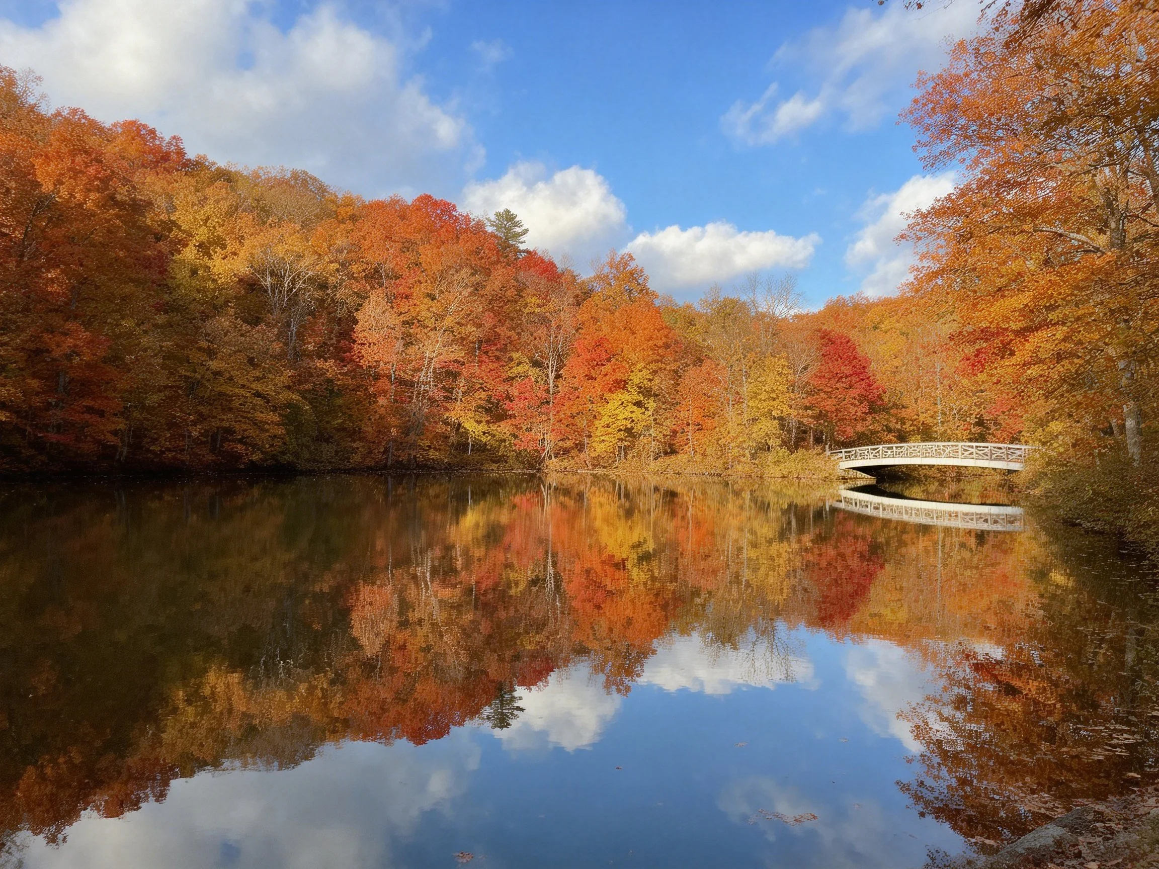 Vibrant fall foliage reflects in calm lake near white bridge
