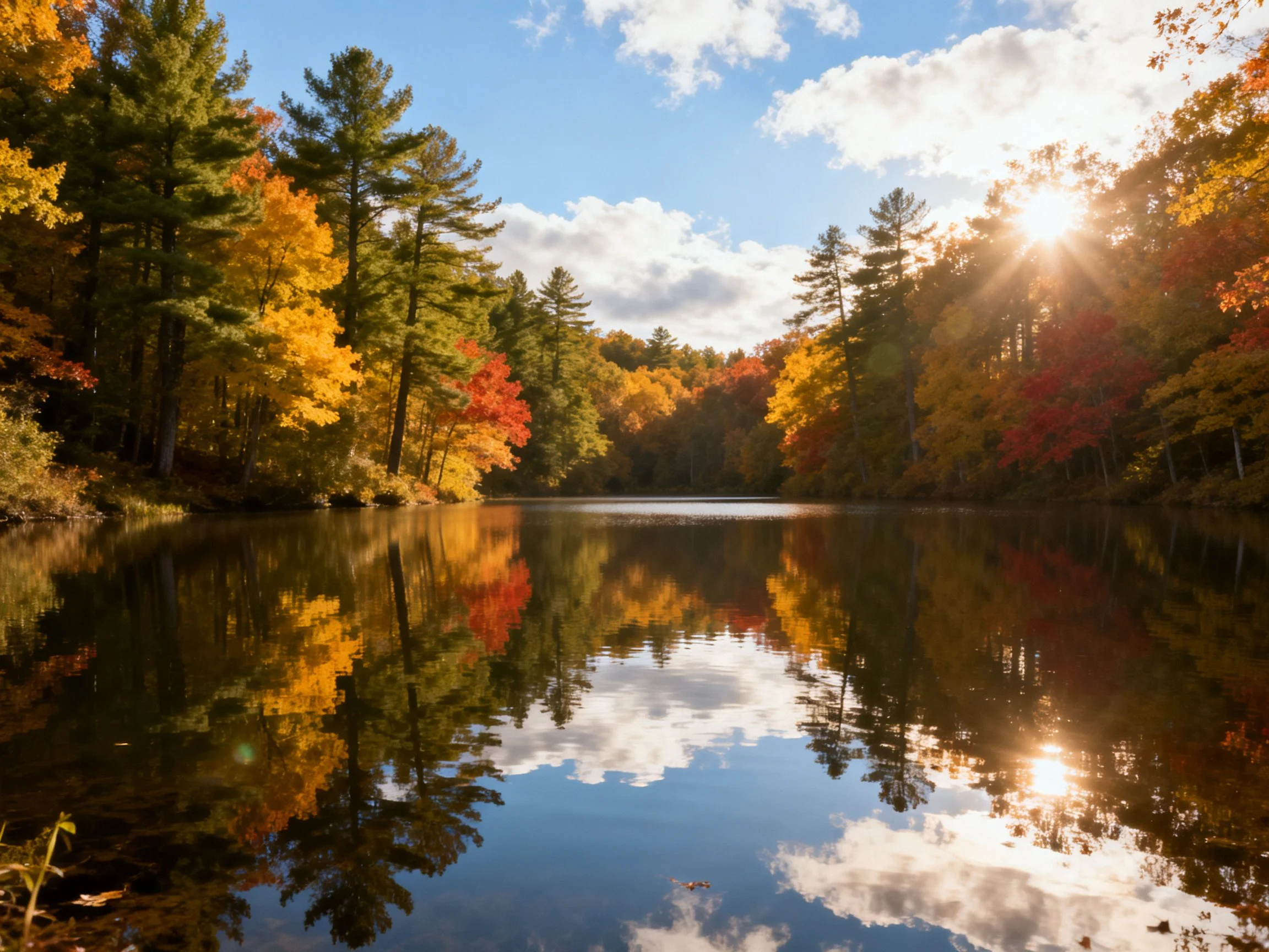 Vibrant fall foliage reflects in calm lake under bright sun