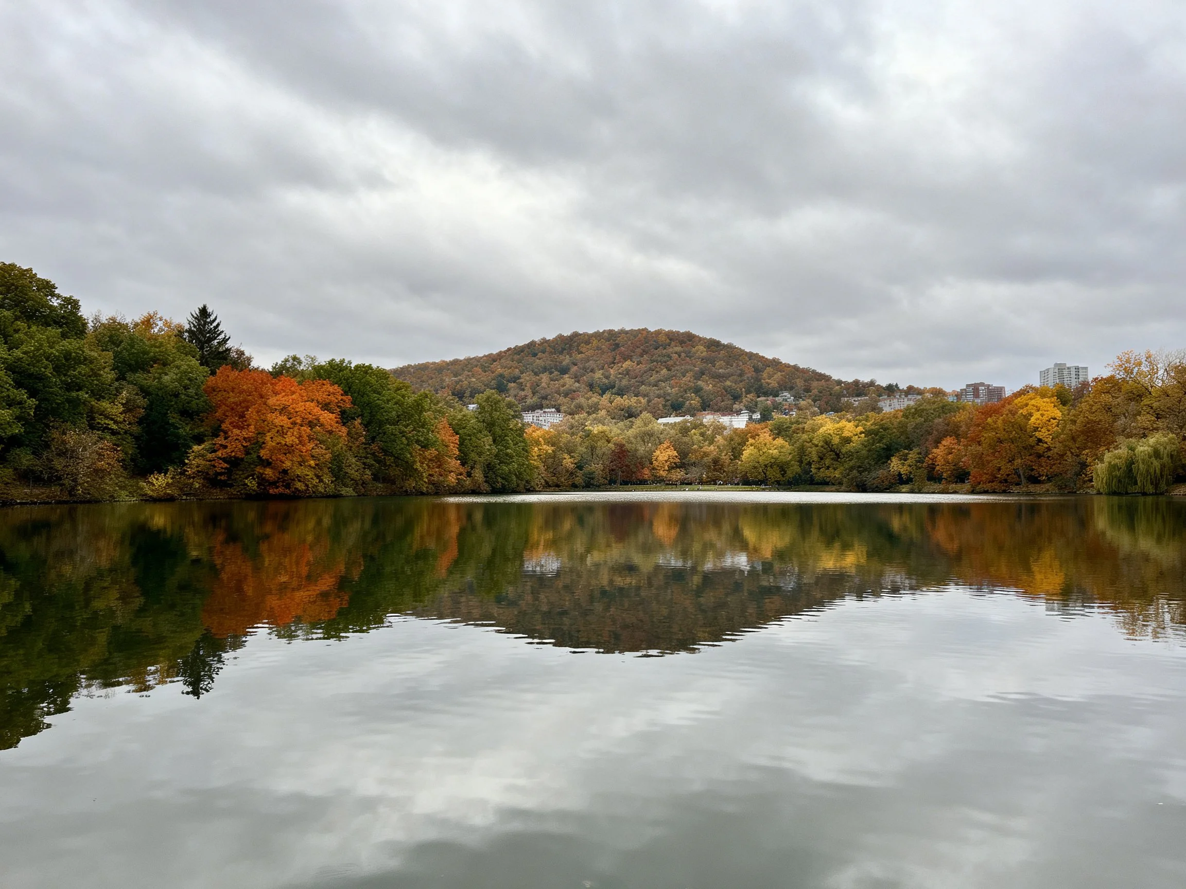 Vibrant fall foliage reflects in tranquil lake beside wooded hill under overcast sky