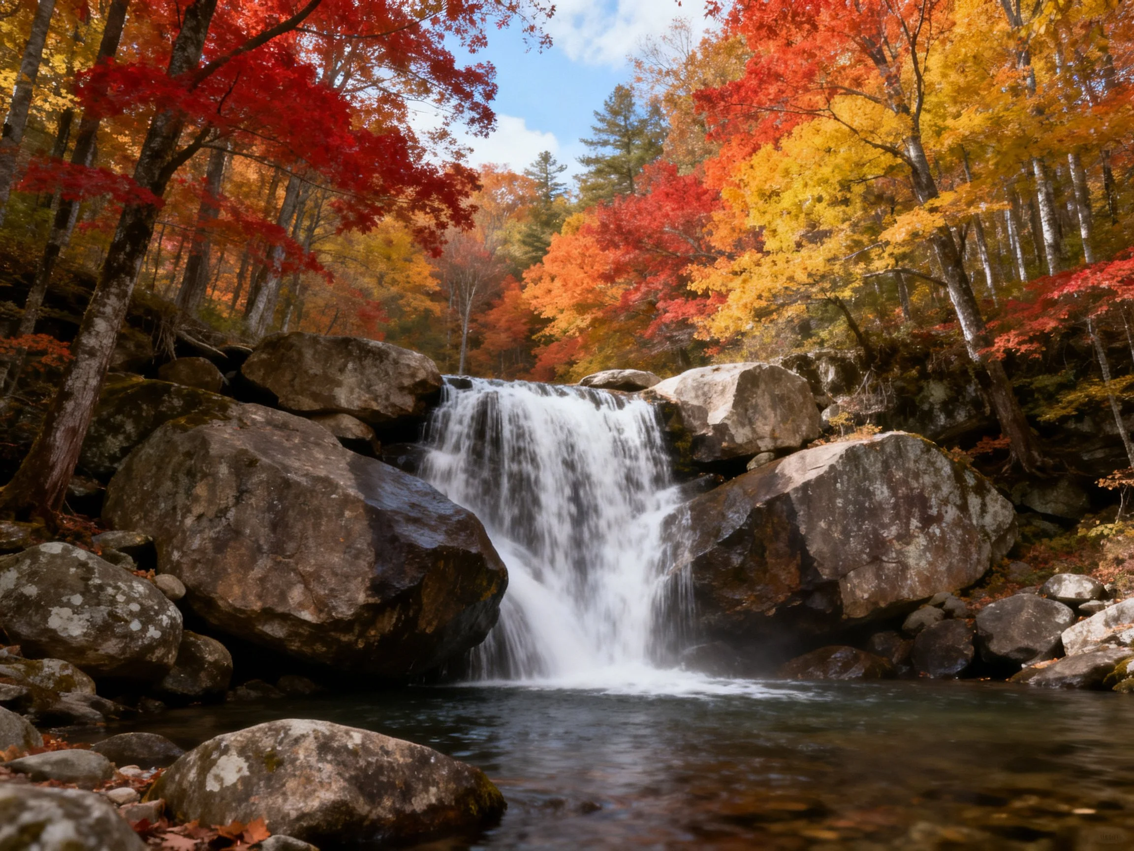 Vibrant fall foliage surrounds a cascading waterfall over large boulders.
