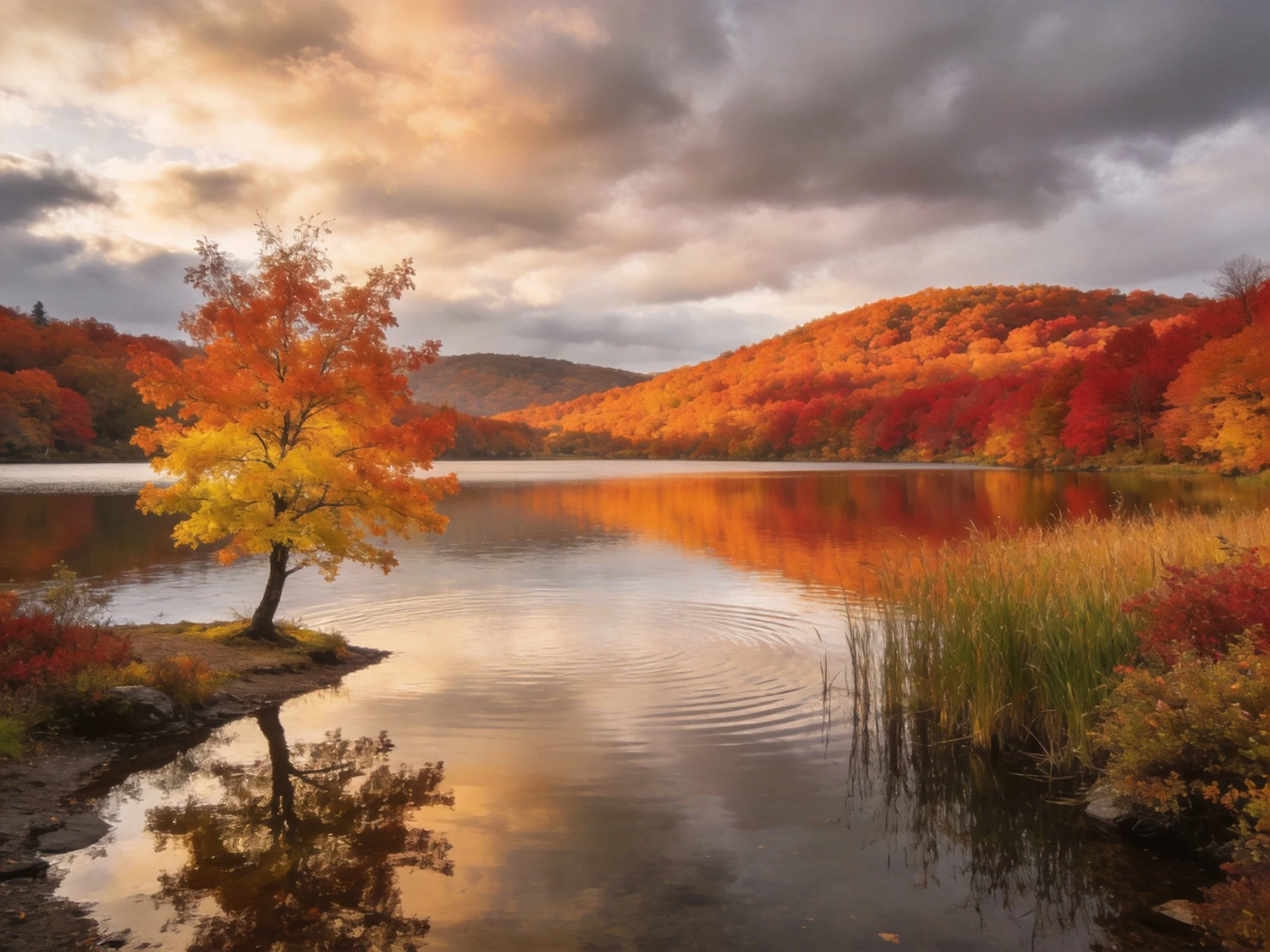 Vibrant fall foliage surrounds a serene lake with colorful reflections