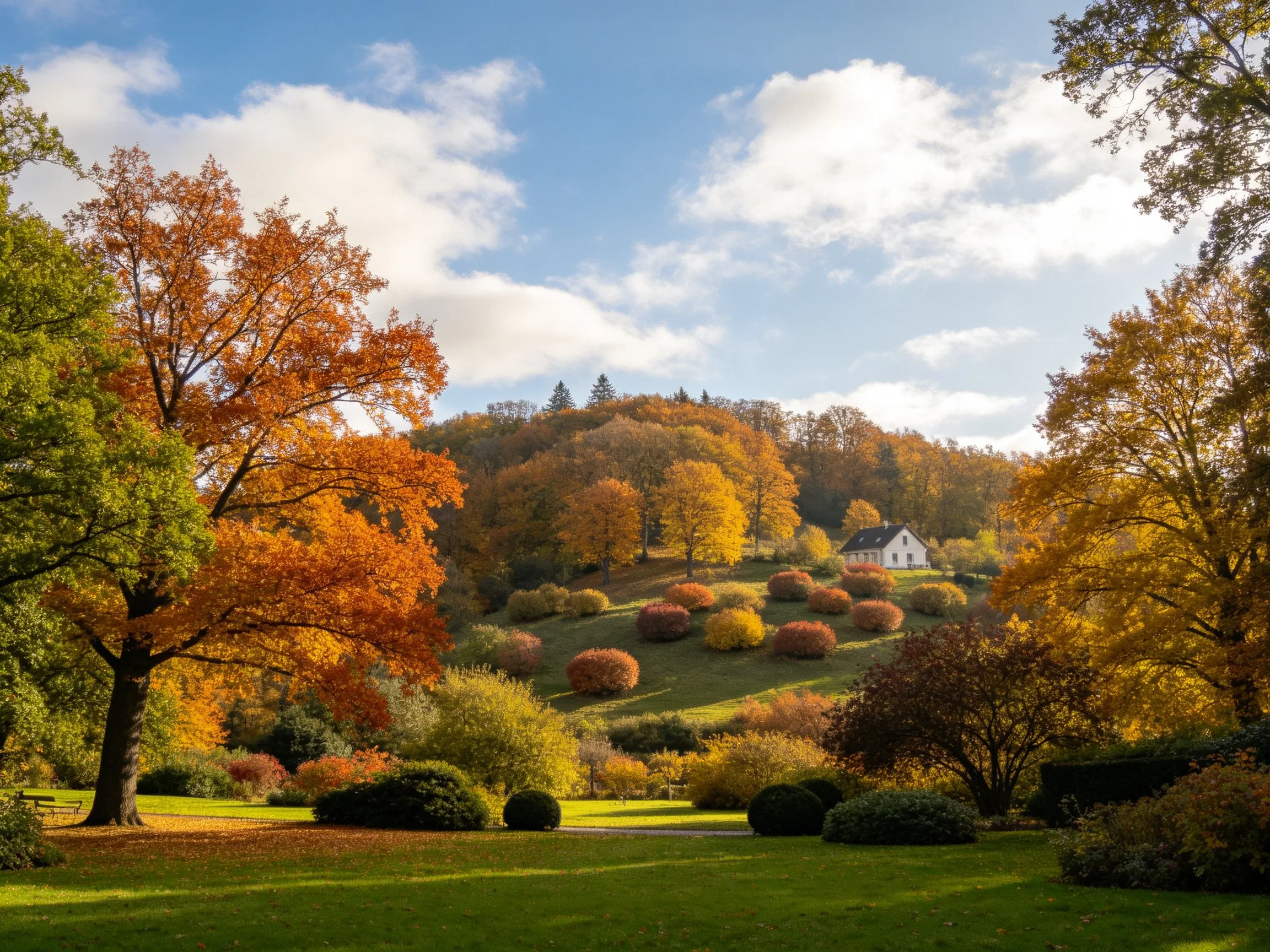 Vibrant fall trees surround a white house on a hillside
