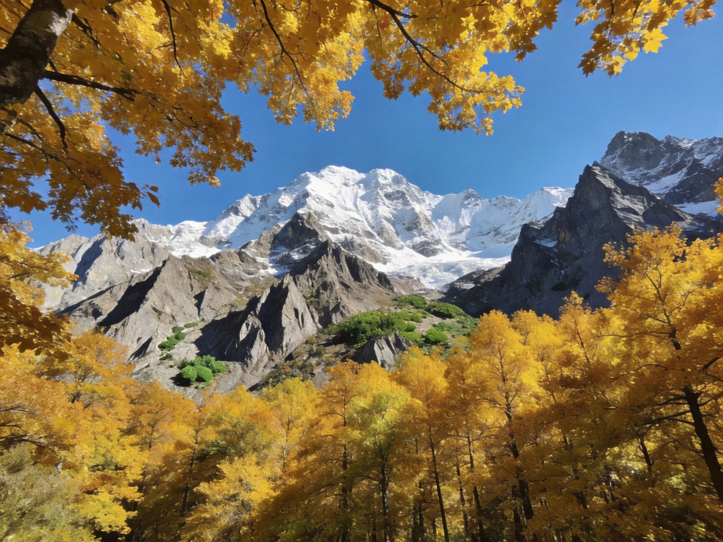 Vibrant golden autumn trees surround snow - capped mountain peaks