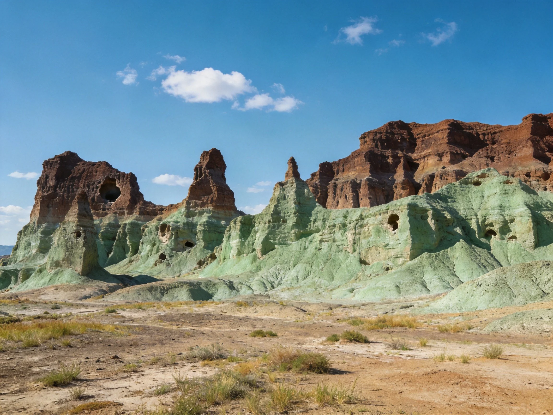 Vibrant green and brown rocky formations in arid desert landscape
