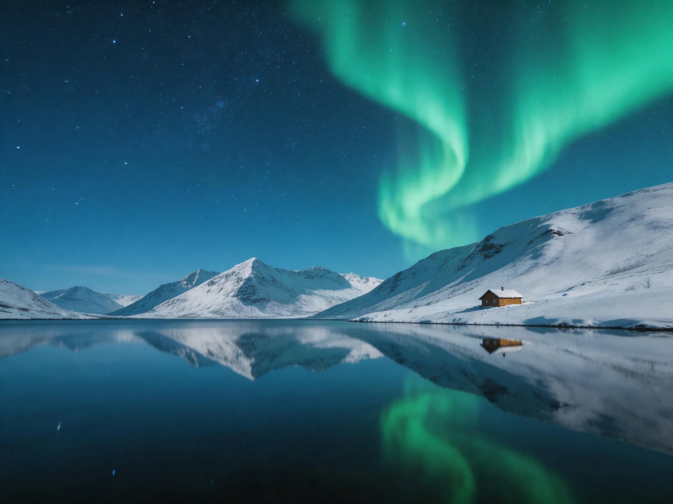 Vibrant green aurora illuminates snow - capped mountains and reflective lake