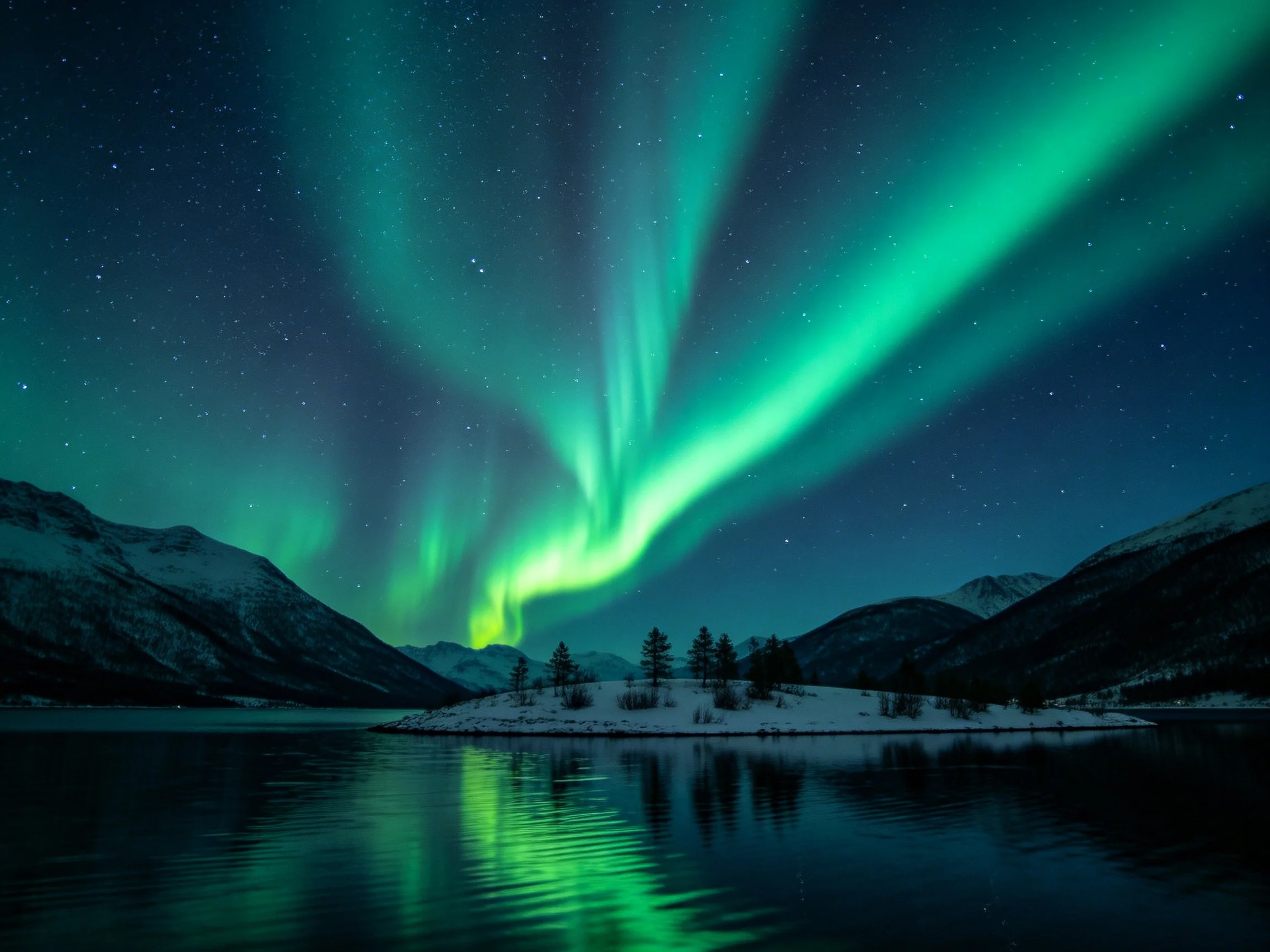 Vibrant green aurora illuminates snow-covered mountains and reflective lake