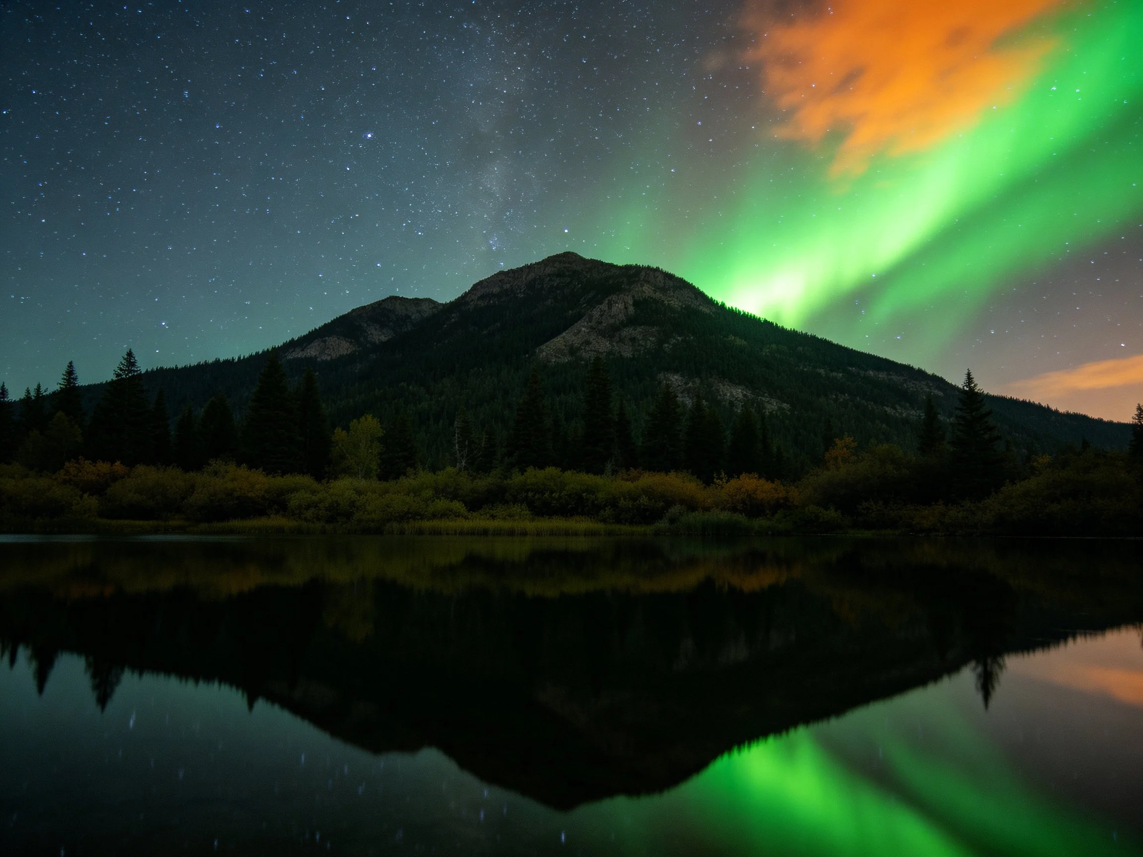 Vibrant green aurora over forested mountain with water reflection