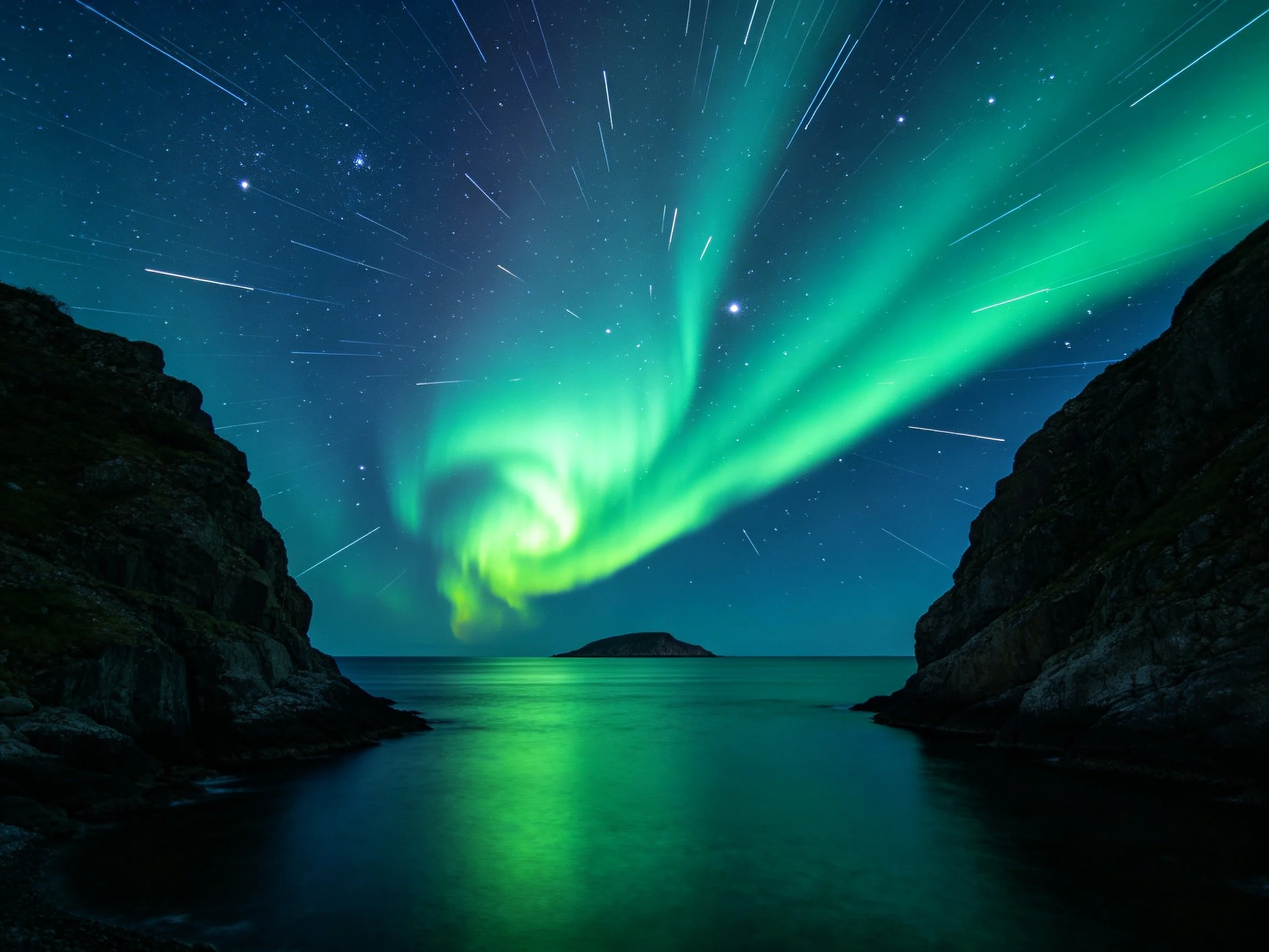 Vibrant green aurora over rugged coastal cliffs and calm waters