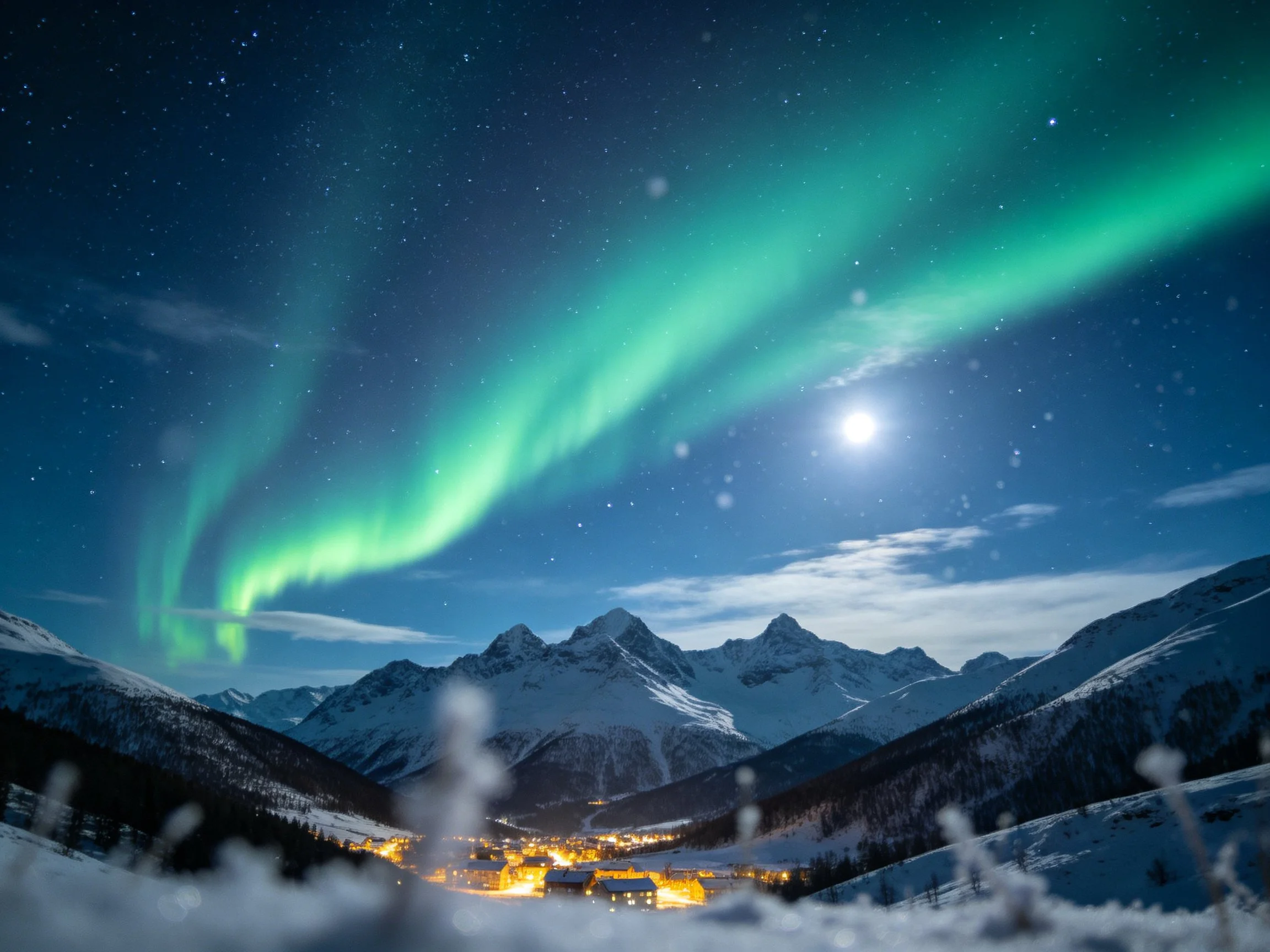 Vibrant green aurora over snow - capped mountains and village at night