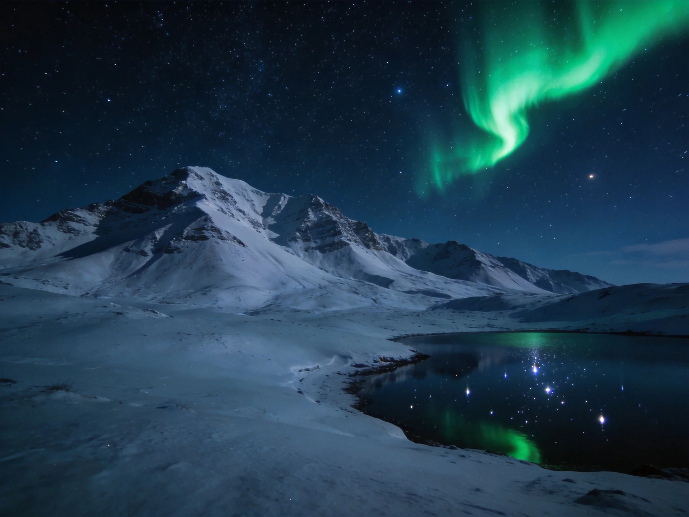 Vibrant green aurora over snow - covered mountain range near reflective lake