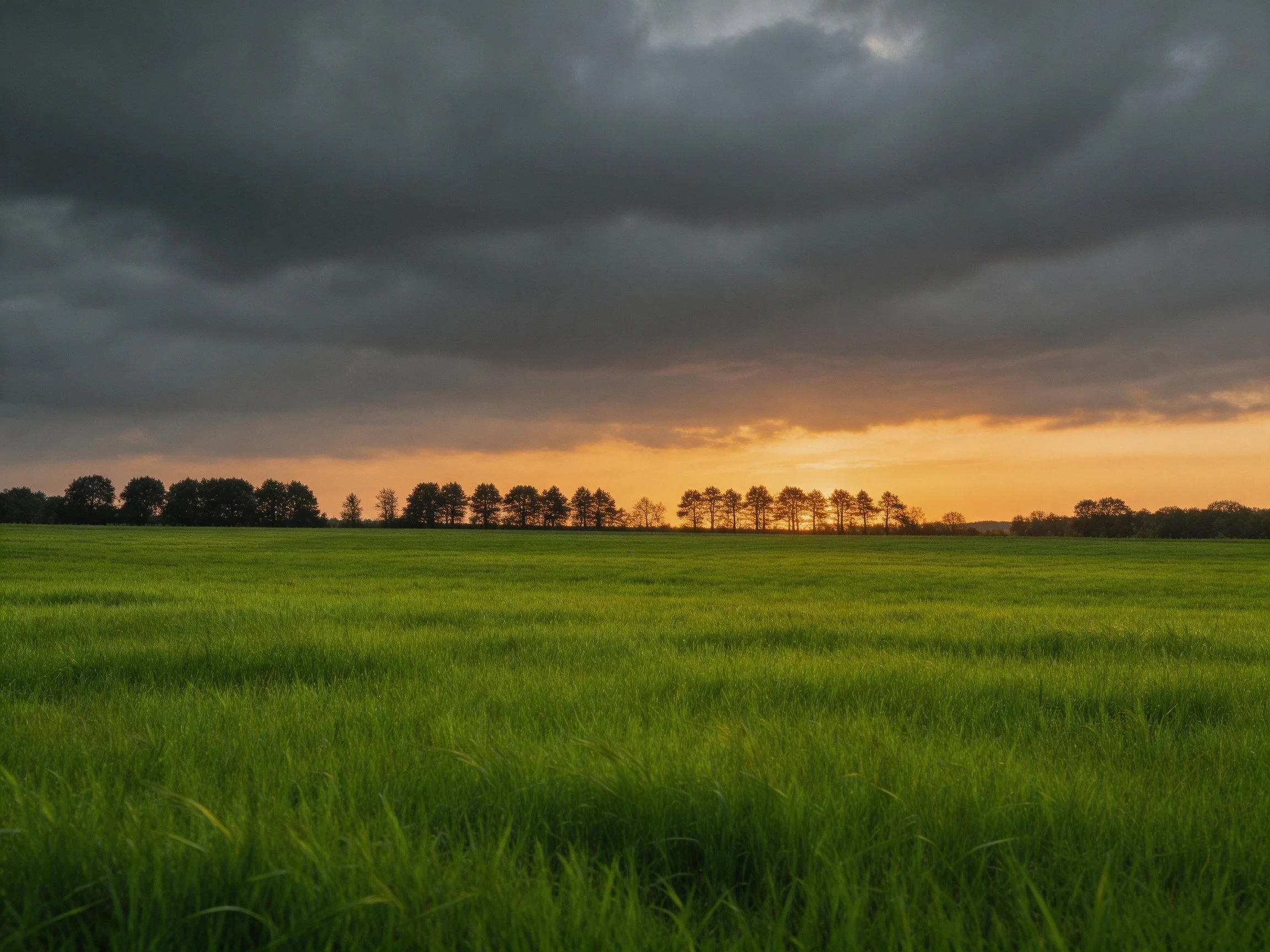Vibrant green field beneath moody, cloud-filled sunset sky