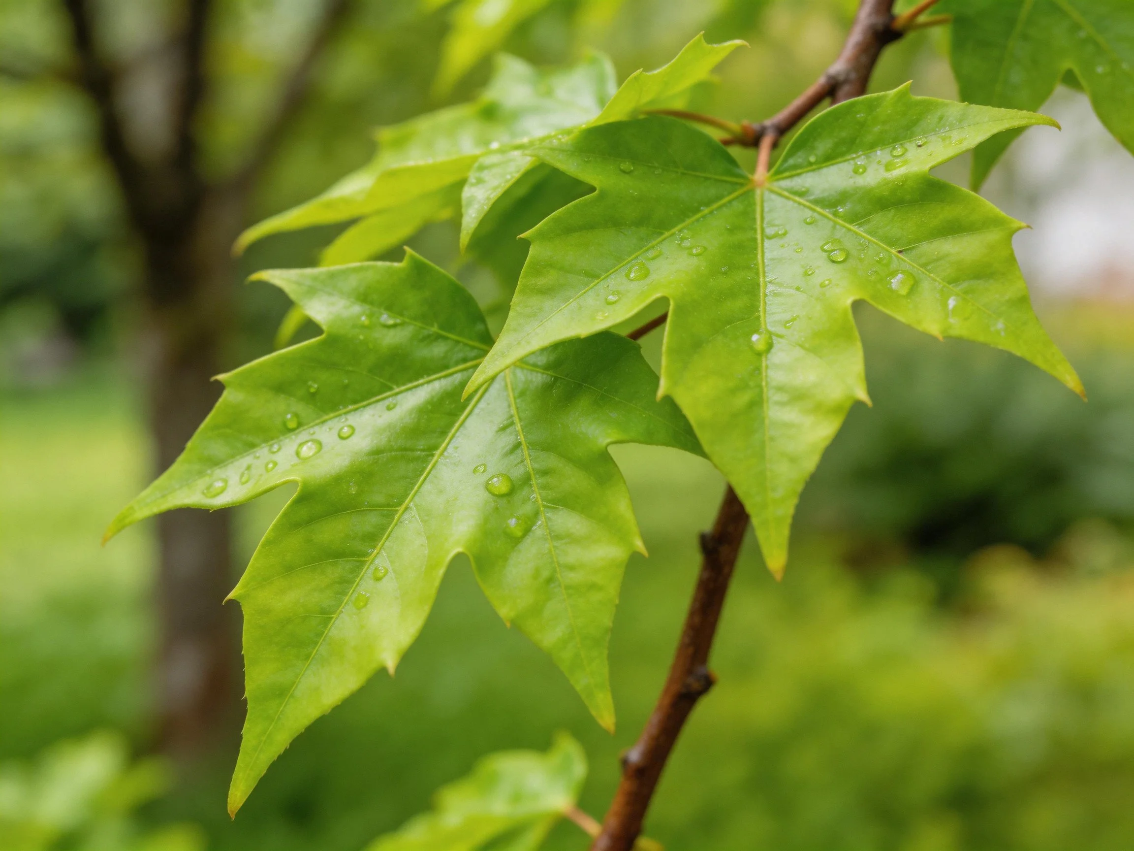 Vibrant green maple leaves with water droplets on a brown branch