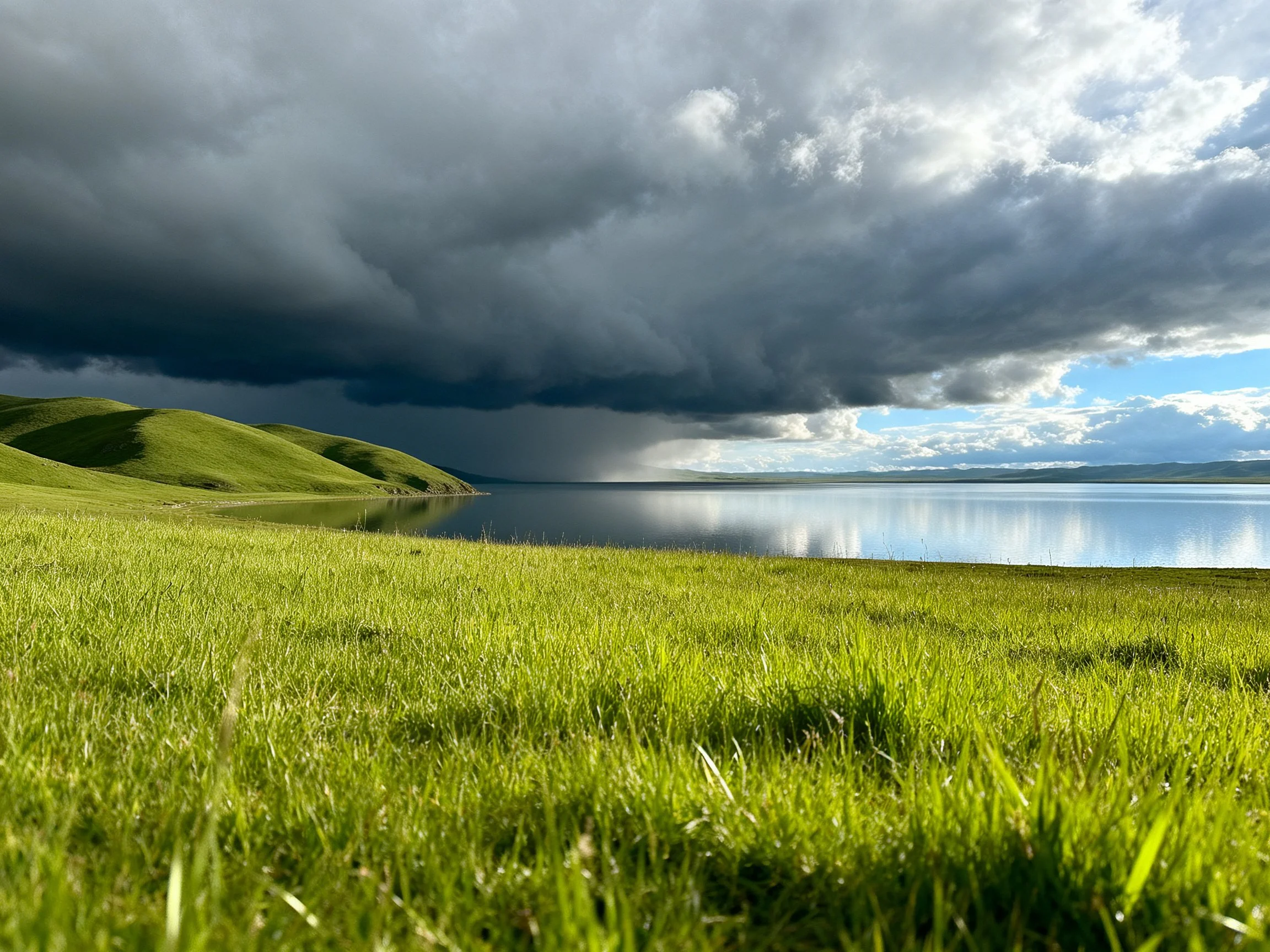 Vibrant green meadow near calm lake under dramatic stormy sky