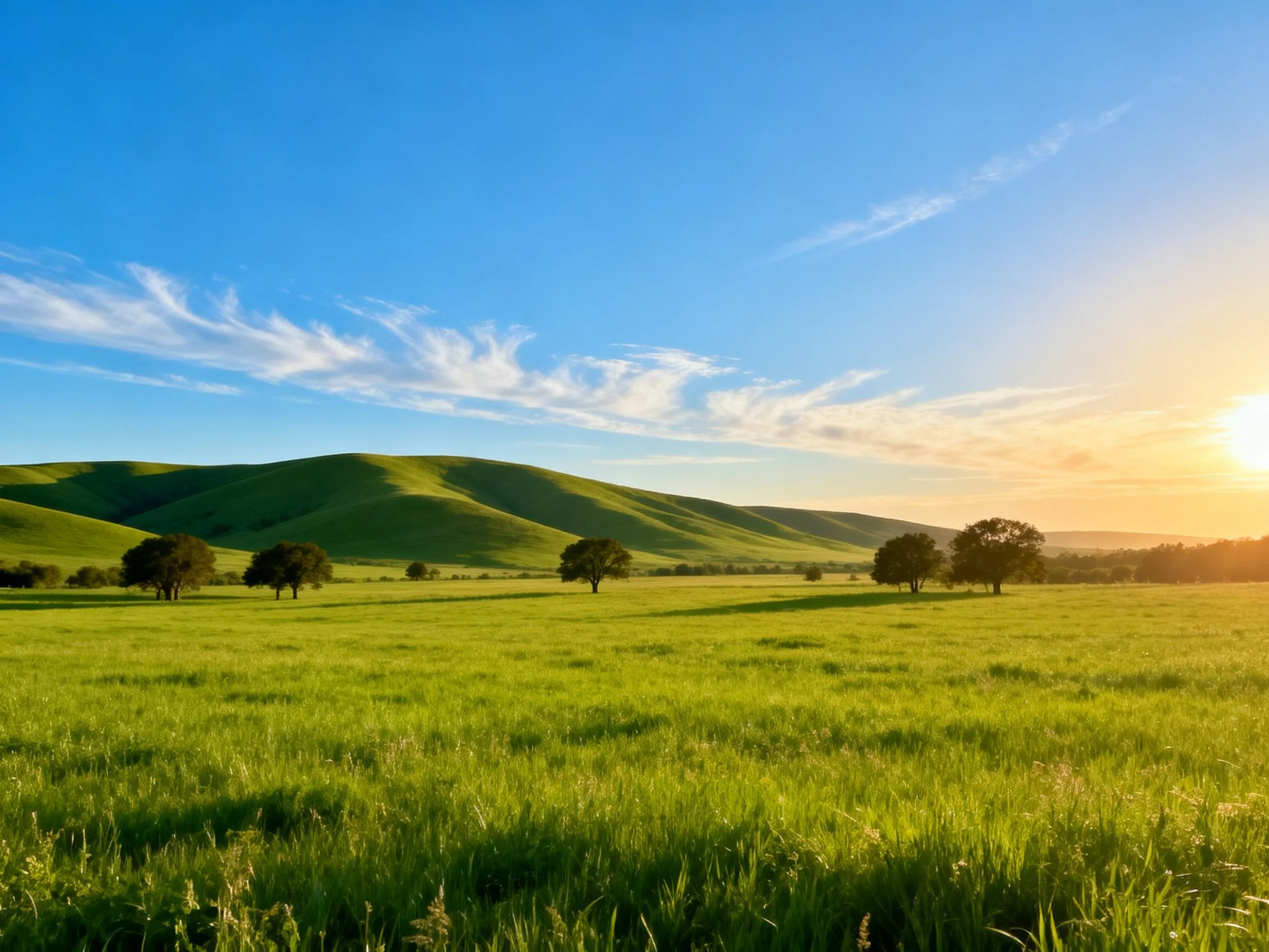 Vibrant green meadow with rolling hills and blue sky