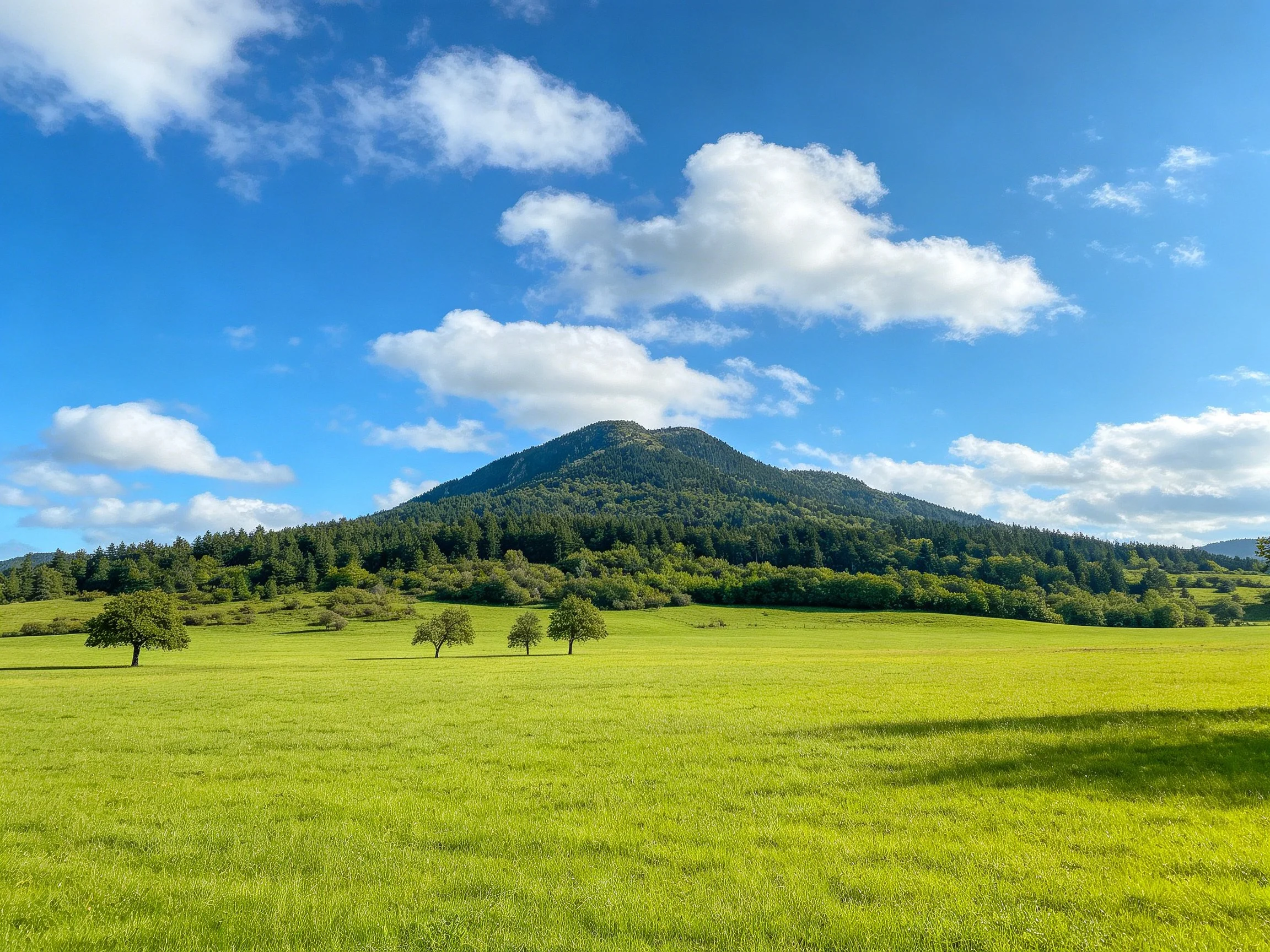 Vibrant green meadow with scattered trees and forested hill under bright blue sky.