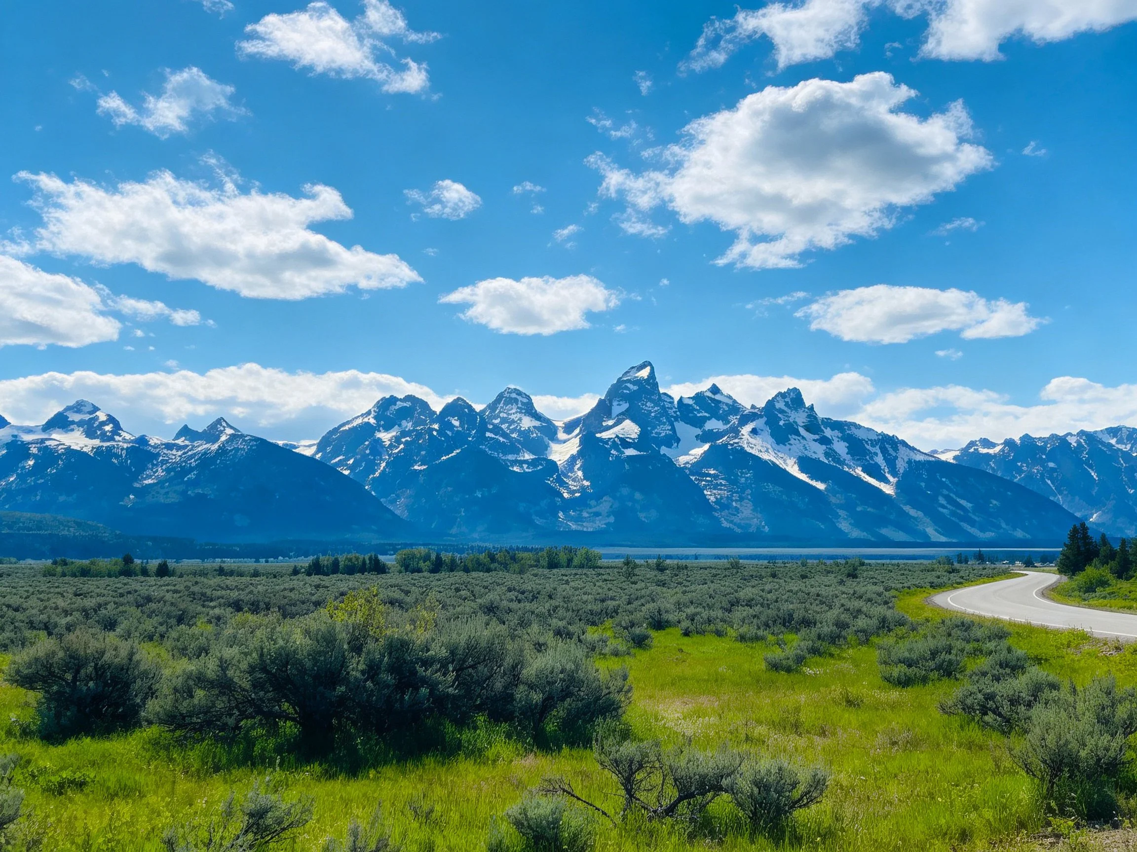 Vibrant green meadows lead to snow - capped mountain peaks under bright blue skies