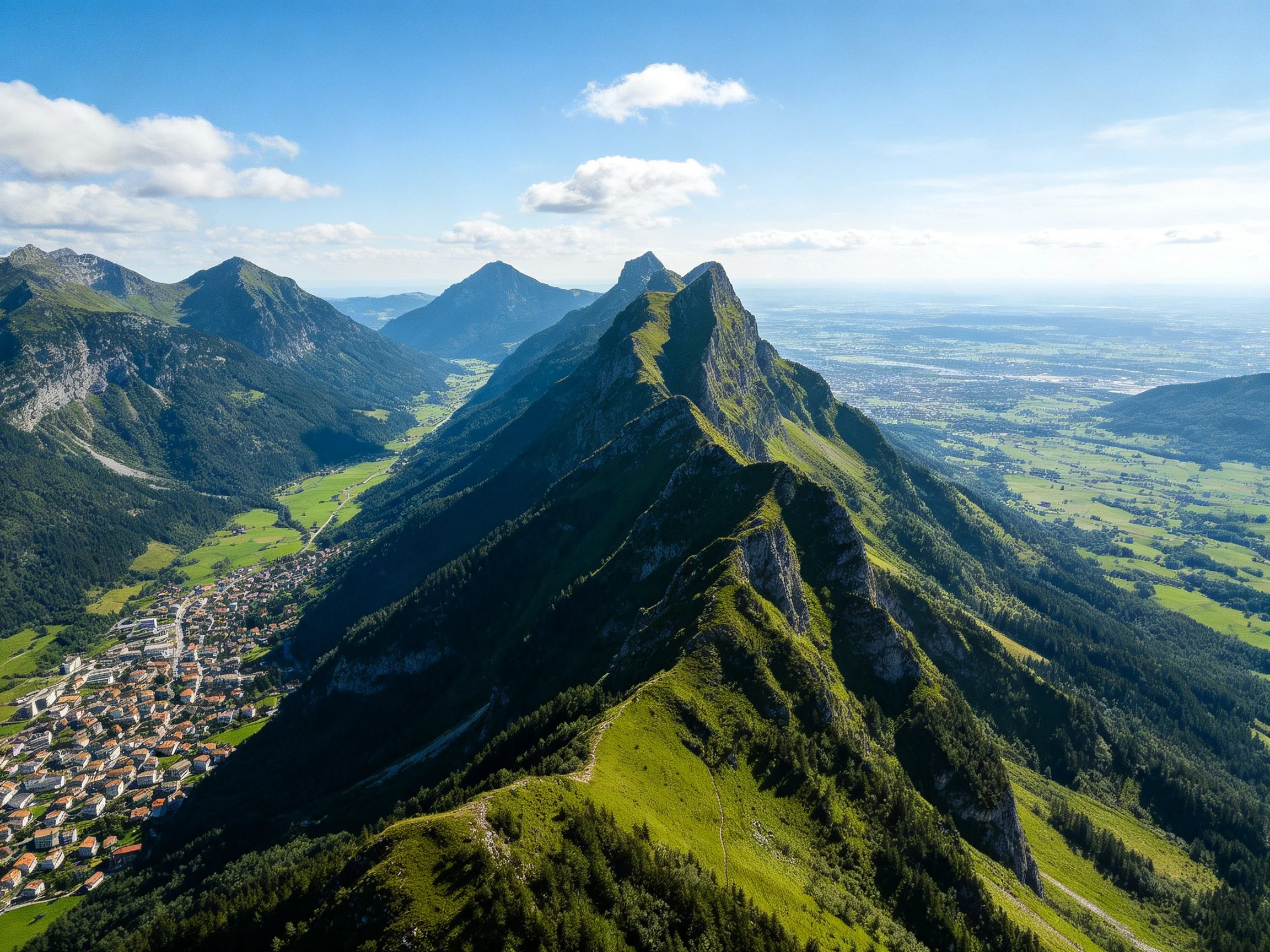Vibrant green mountain peaks overlook a town with distant plains under blue skies