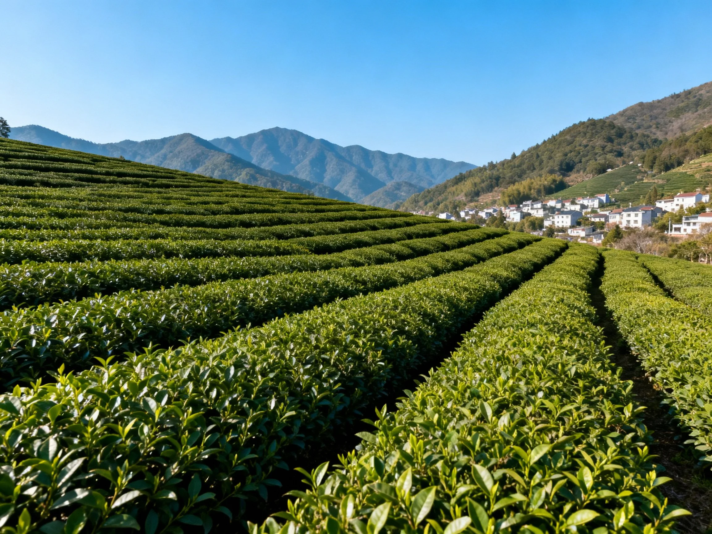 Vibrant green tea terraces slope toward distant mountains and a hillside village.