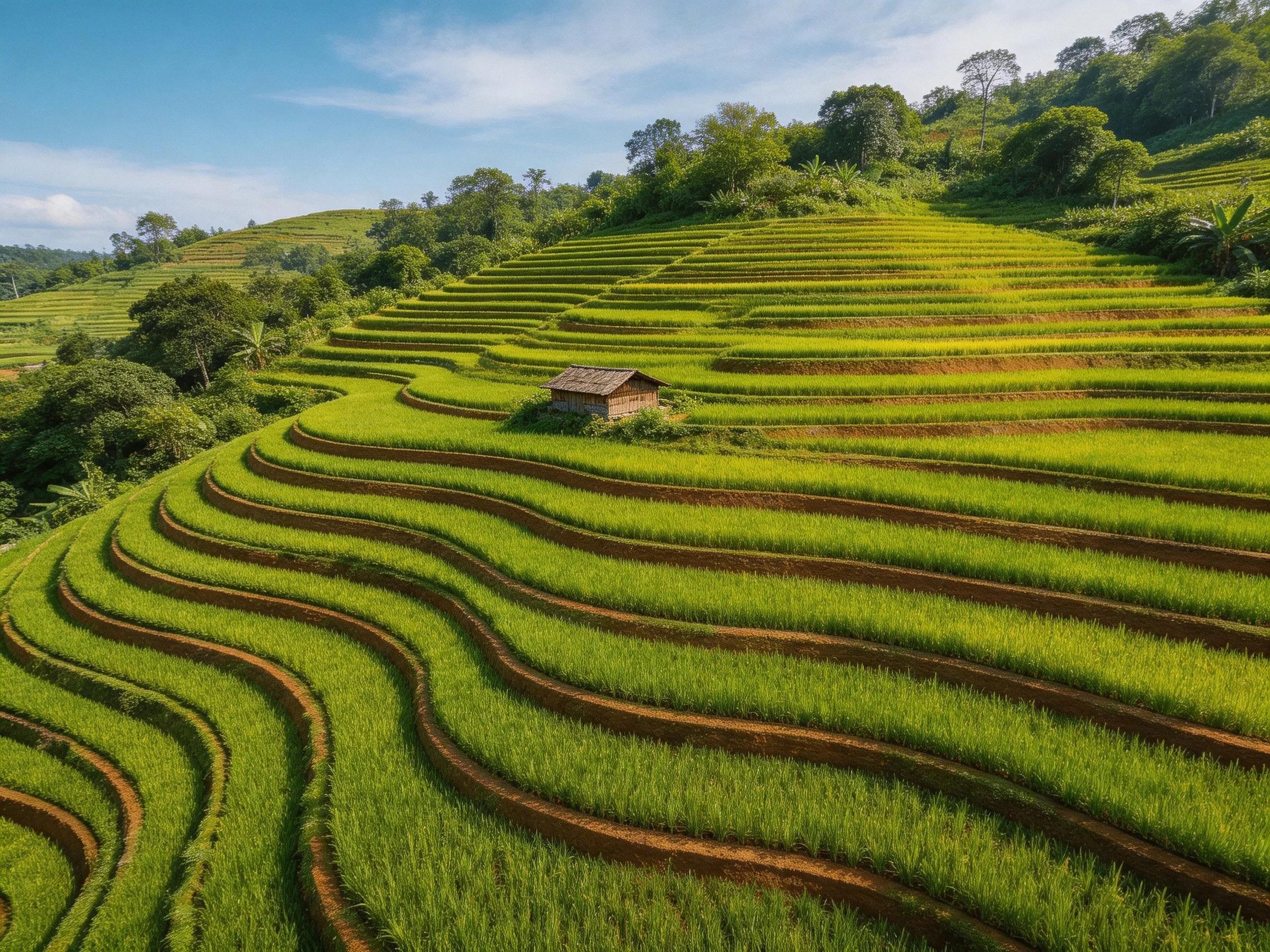 Vibrant green terraced rice fields with a small hut