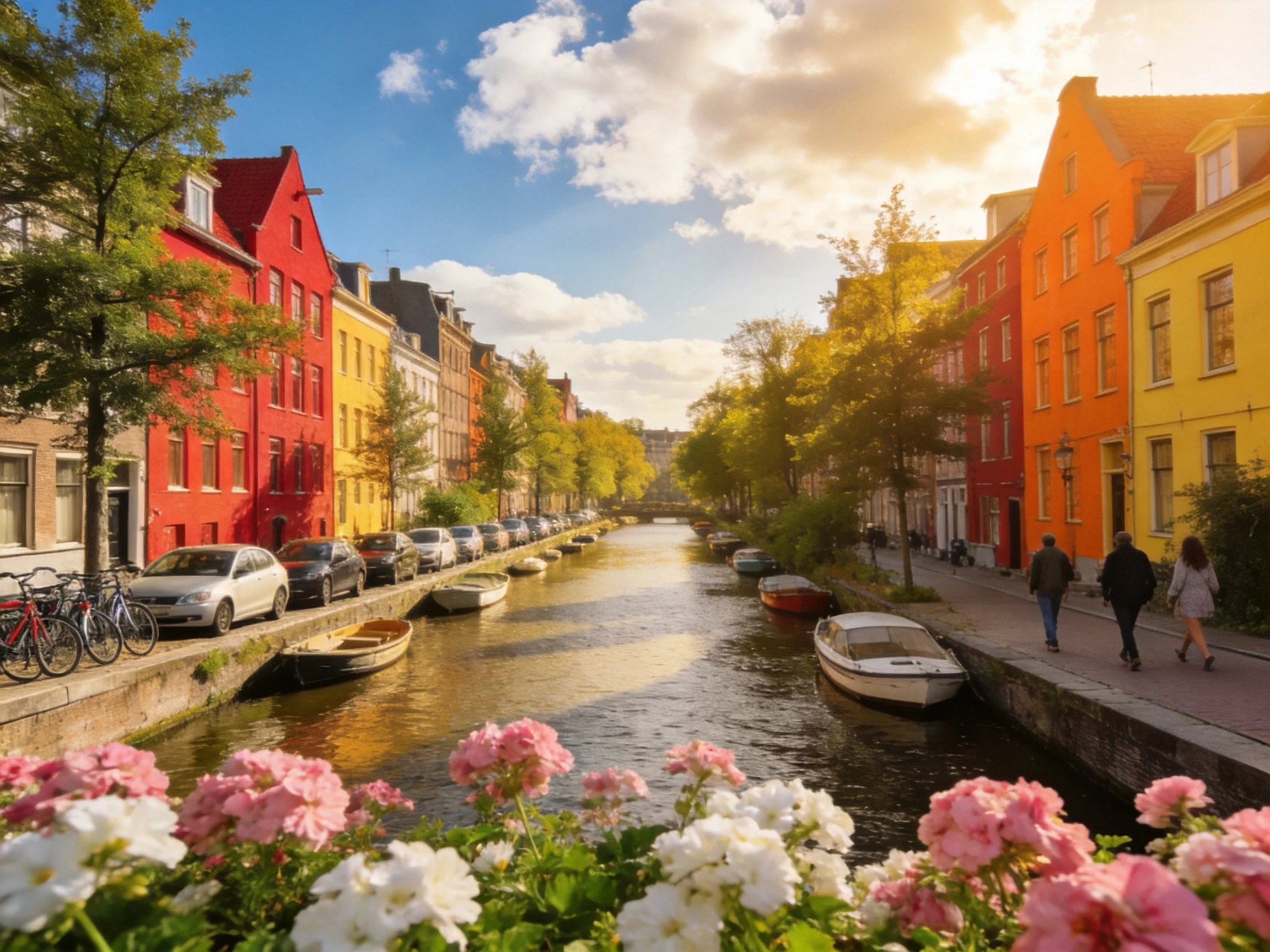 Vibrant historic buildings flank a tranquil canal with boats and pedestrians under sunny skies