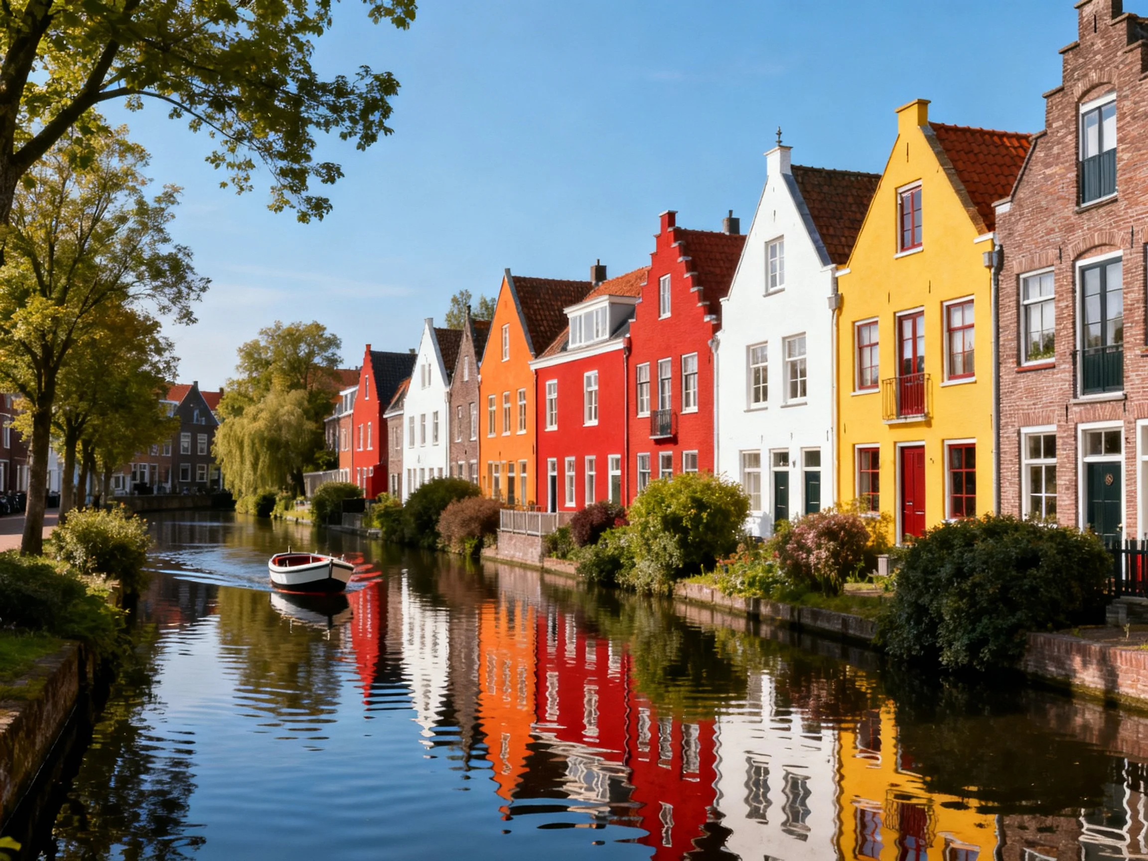 Vibrant historic buildings reflect in a calm waterway with a passing boat