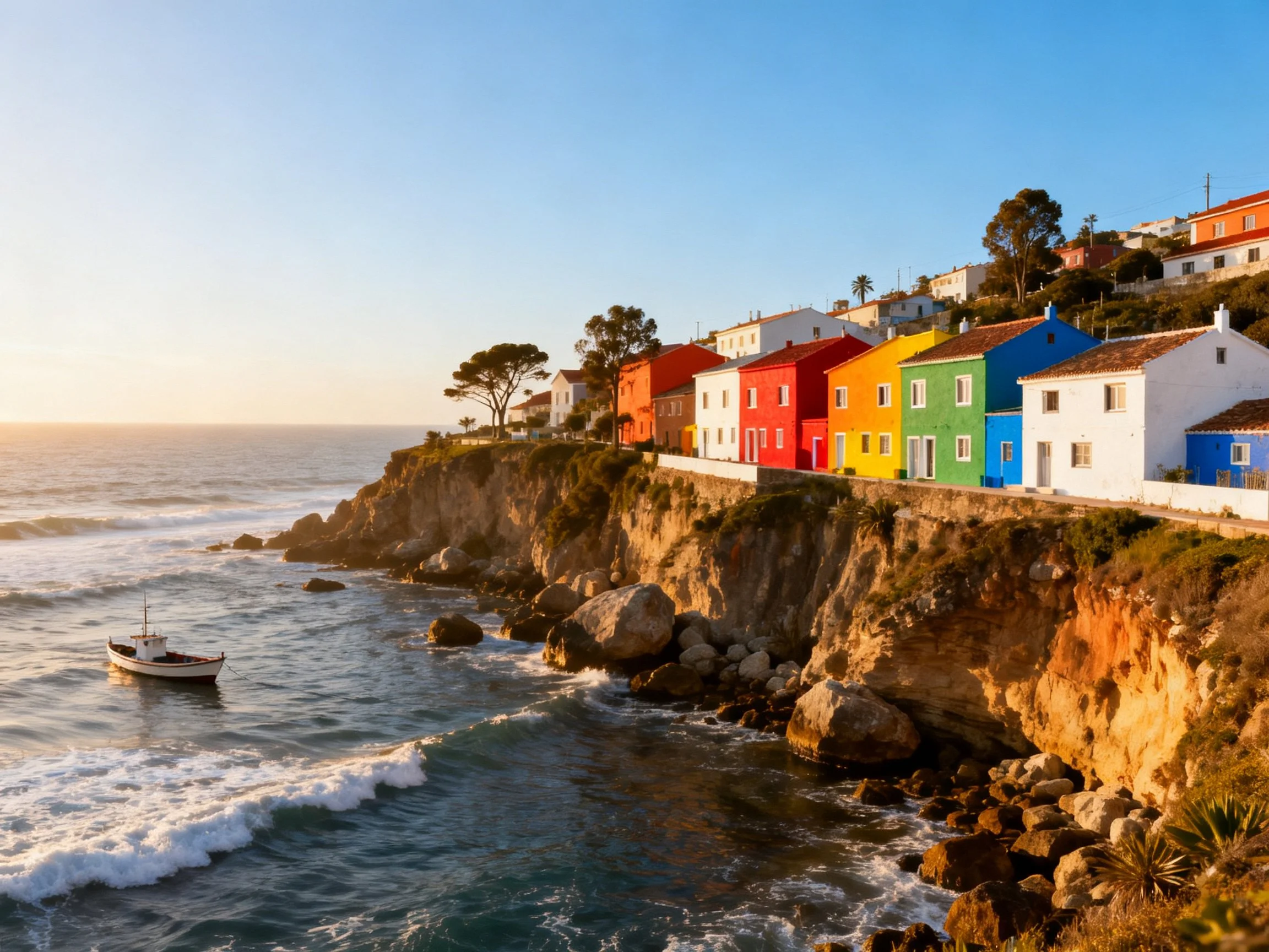 Vibrant houses are arranged along a rocky coastline by the ocean