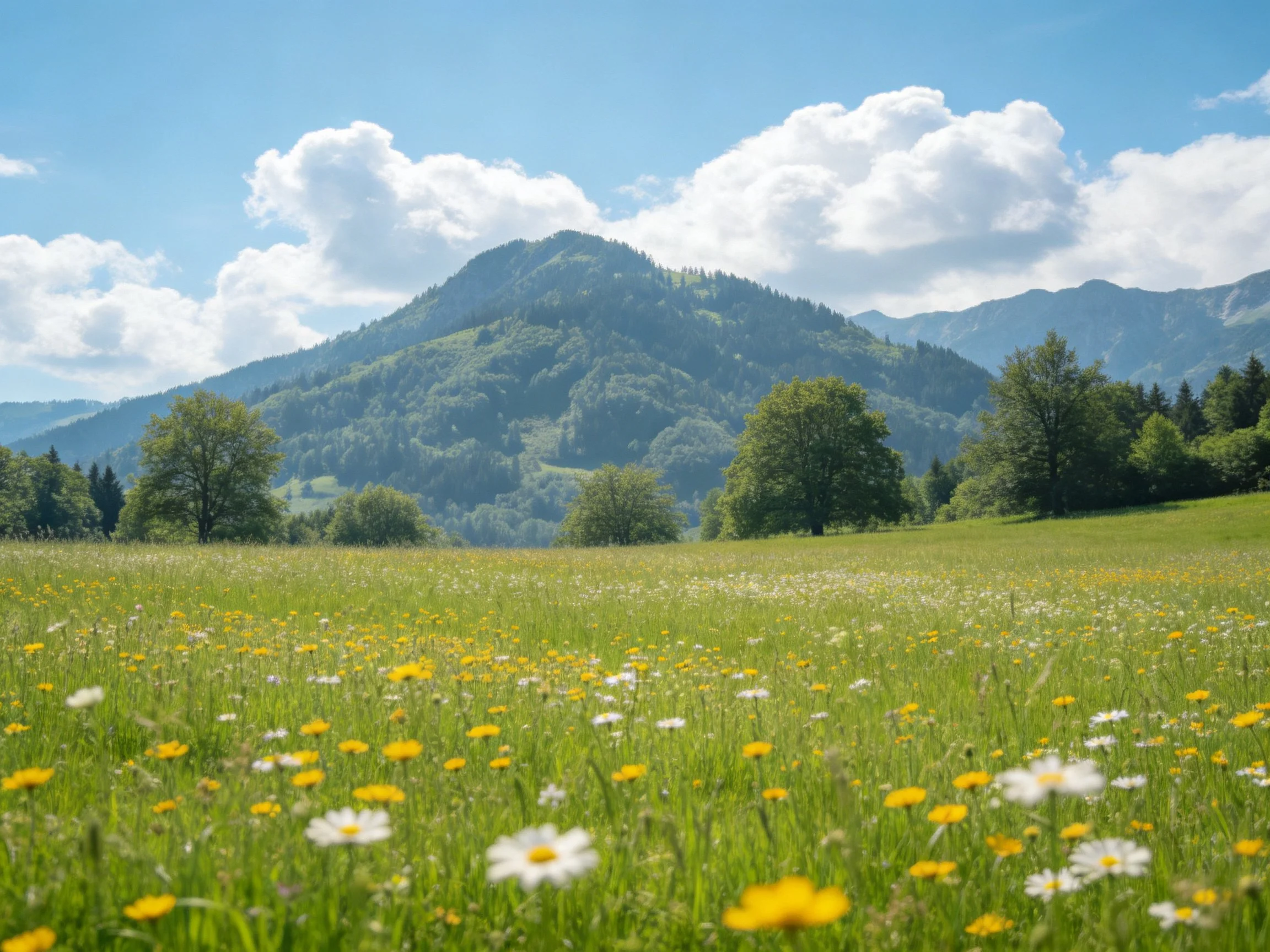 Vibrant meadow with colorful wildflowers, trees, and mountain backdrop