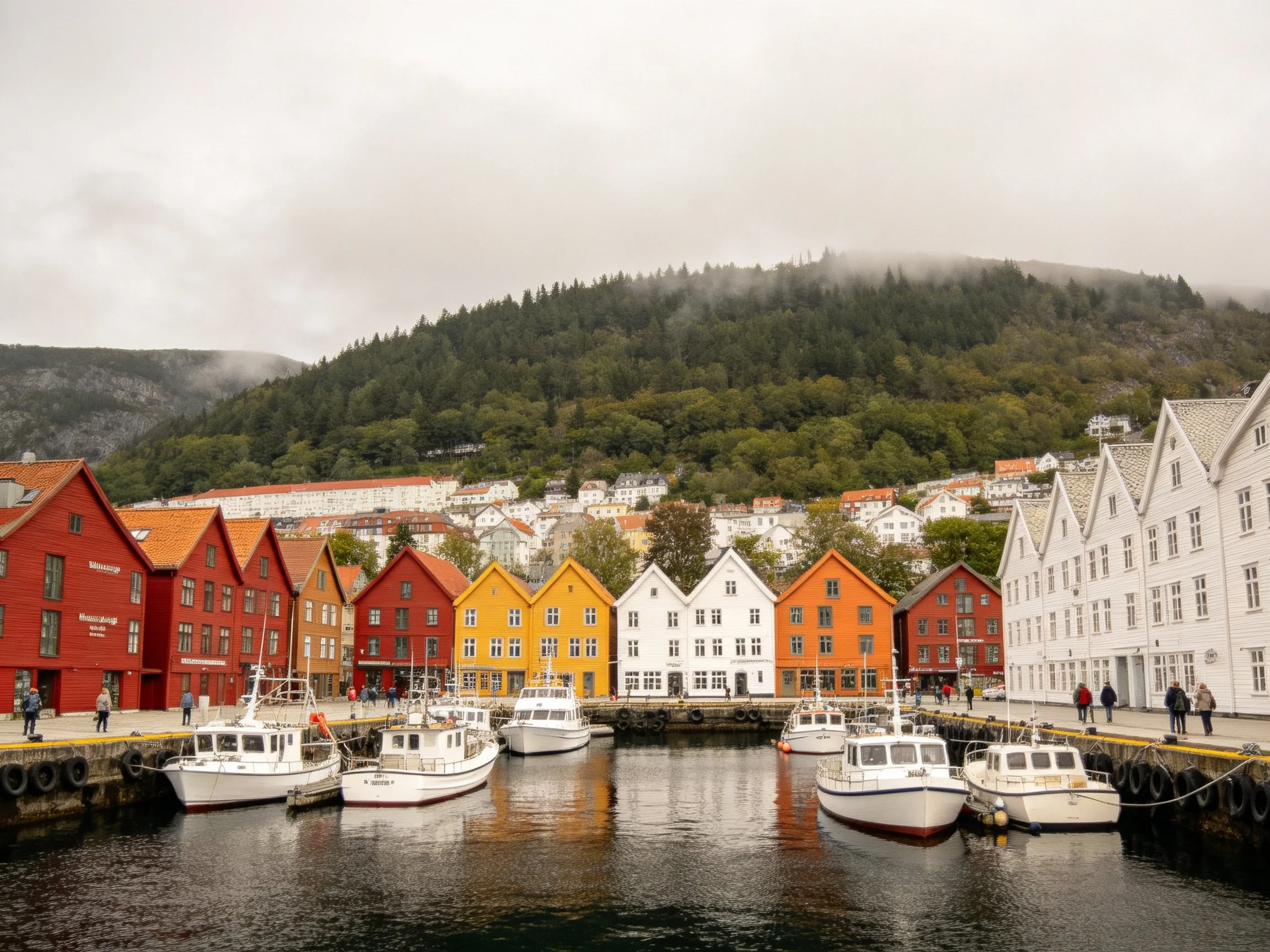 Vibrant, multi-colored wooden structures border a harbor filled with docked vessels