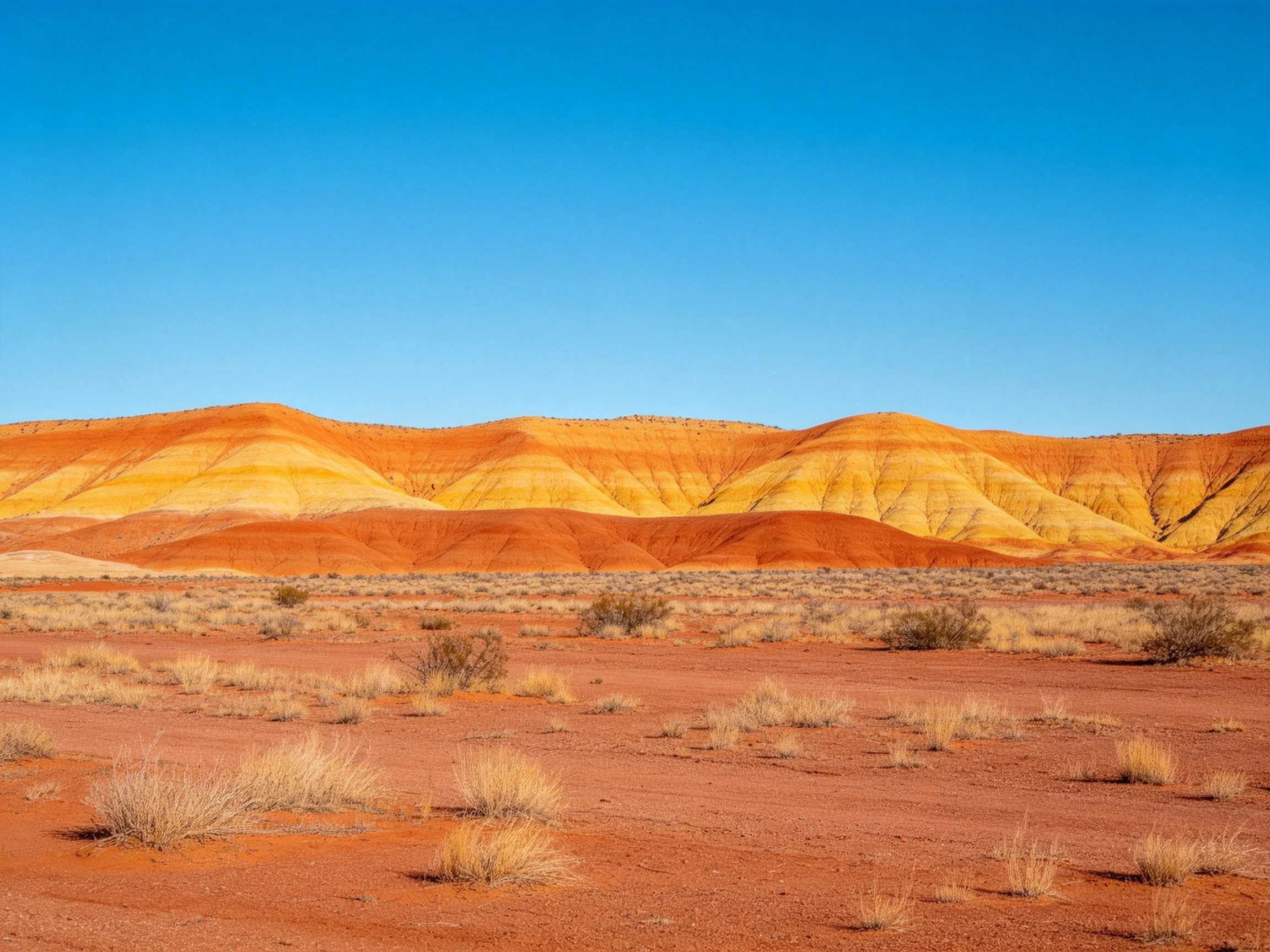 Vibrant multicolored hills rise over arid desert terrain under bright blue sky