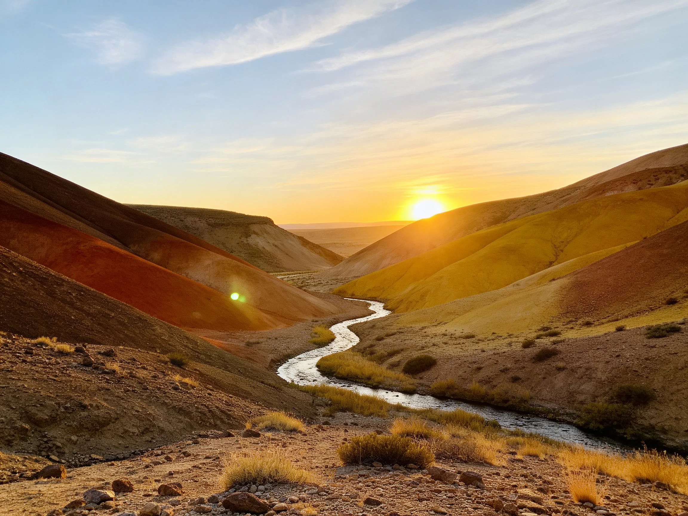 Vibrant multicolored hills surround a winding river at sunset