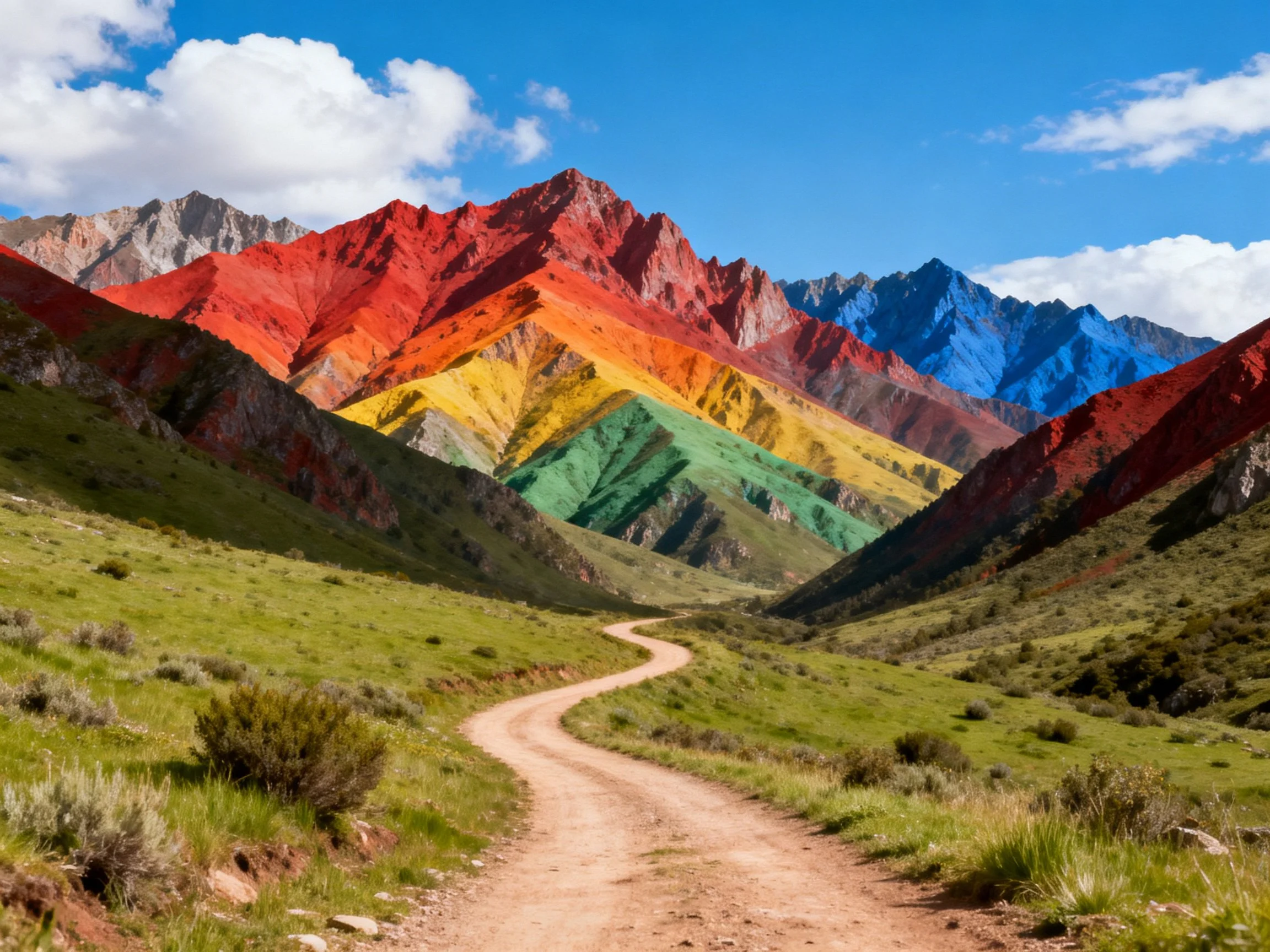 Vibrant multicolored mountain peaks with winding dirt path and green valley