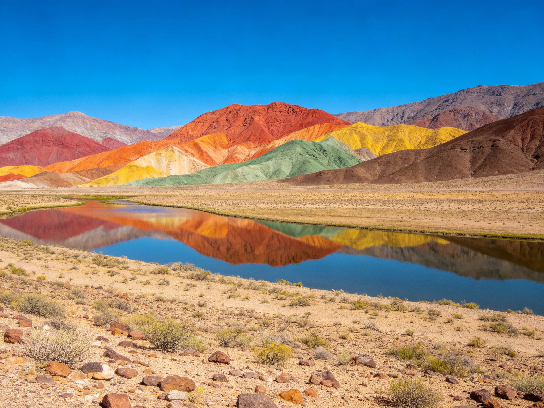 Vibrant multicolored mountains reflect in a serene desert lake