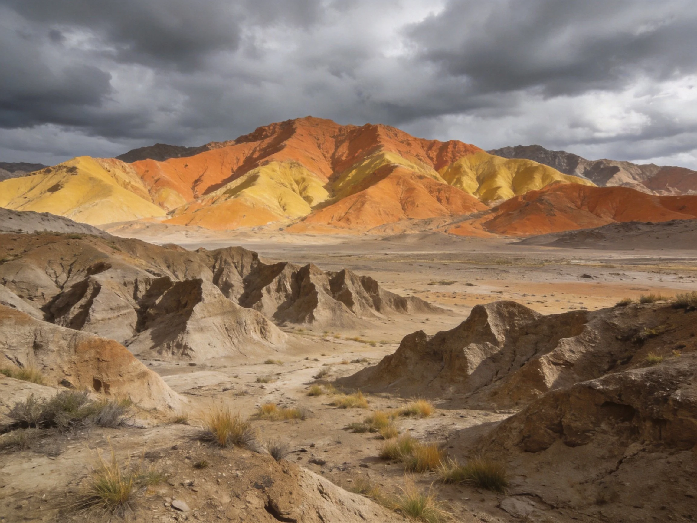 Vibrant multicolored mountains rise above rugged desert terrain under dark cloudy sky