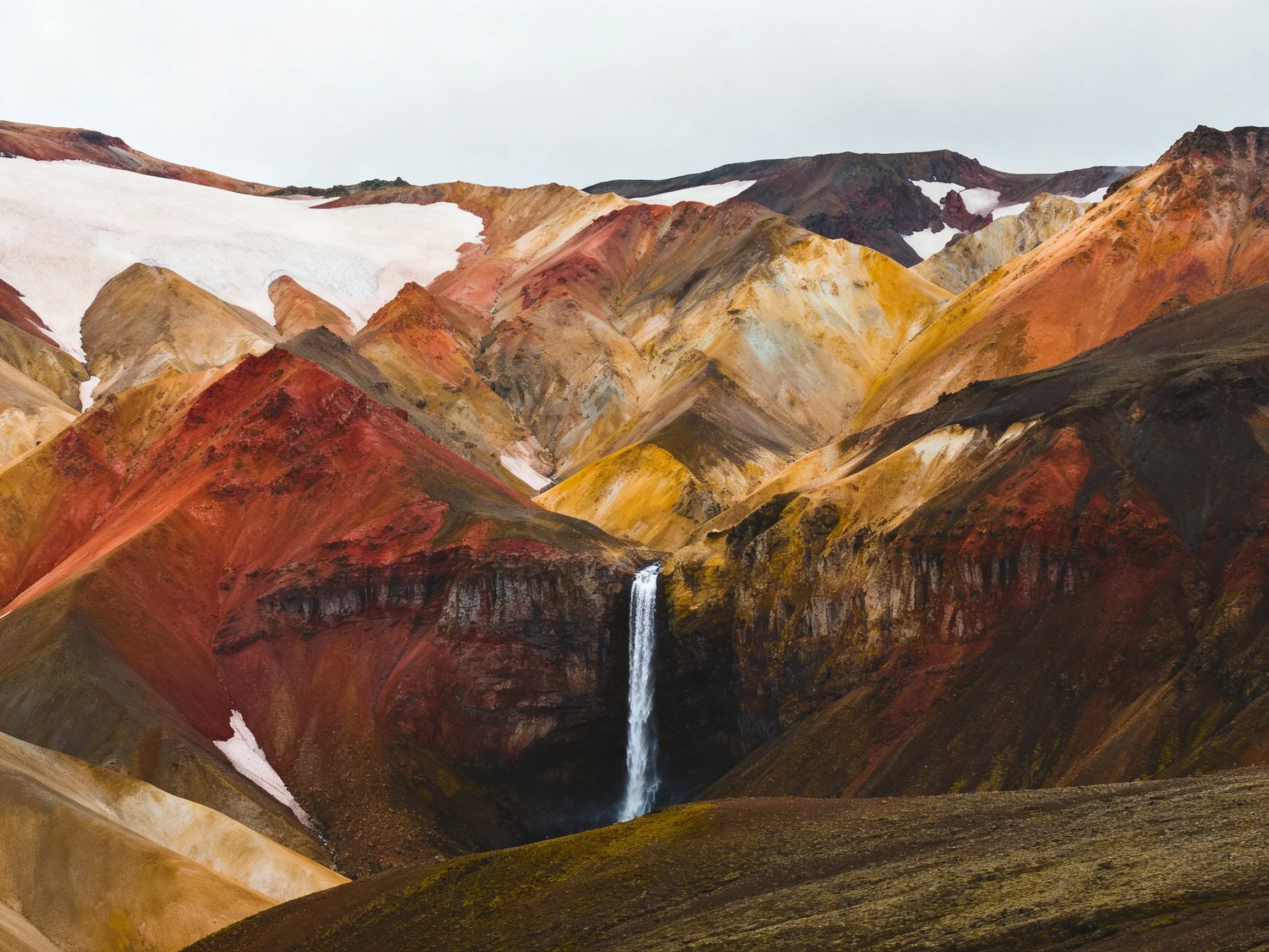 Vibrant multicolored mountains with a central waterfall and snow patches