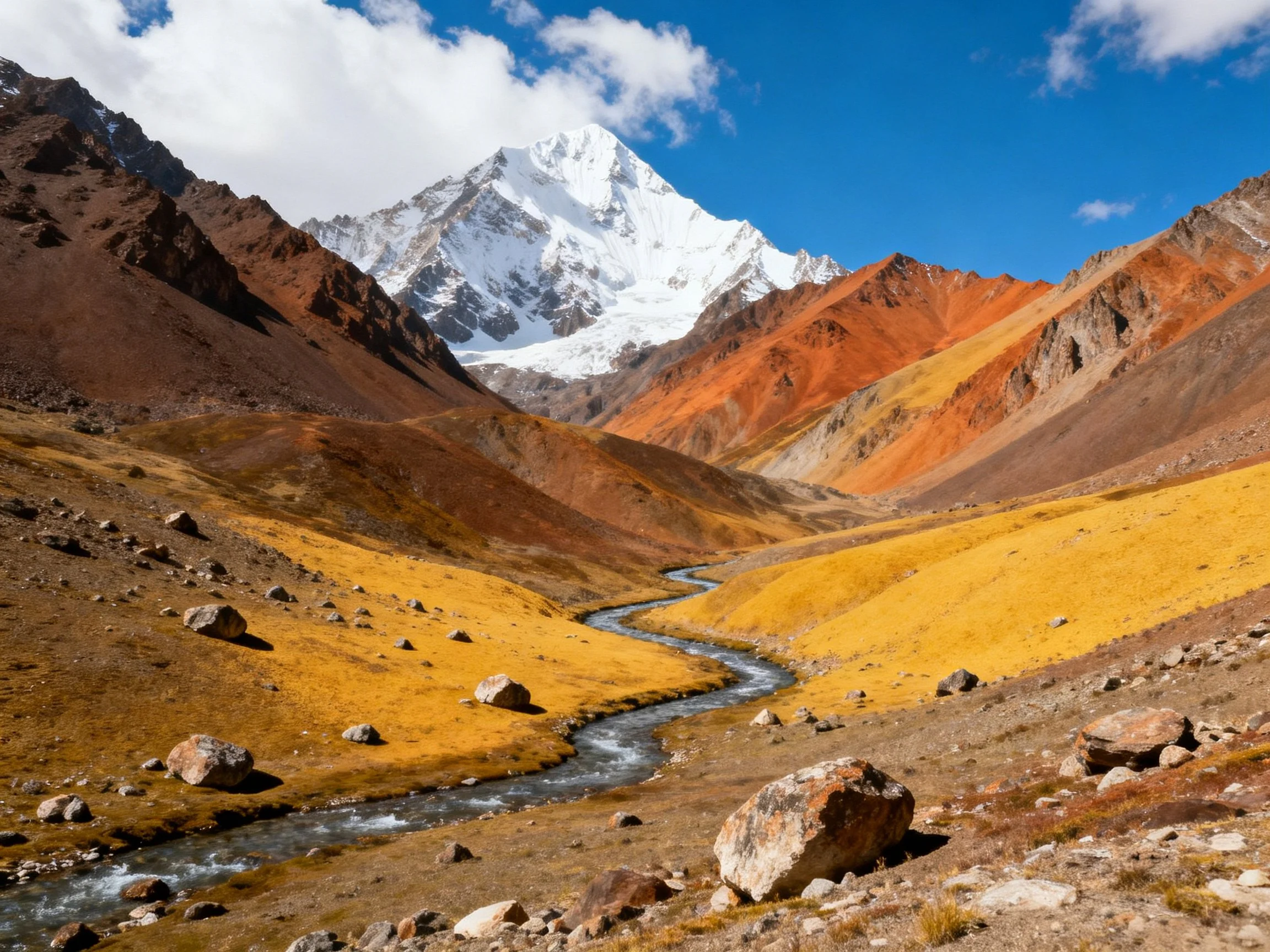 Vibrant multicolored valley with snow-capped mountain and winding stream