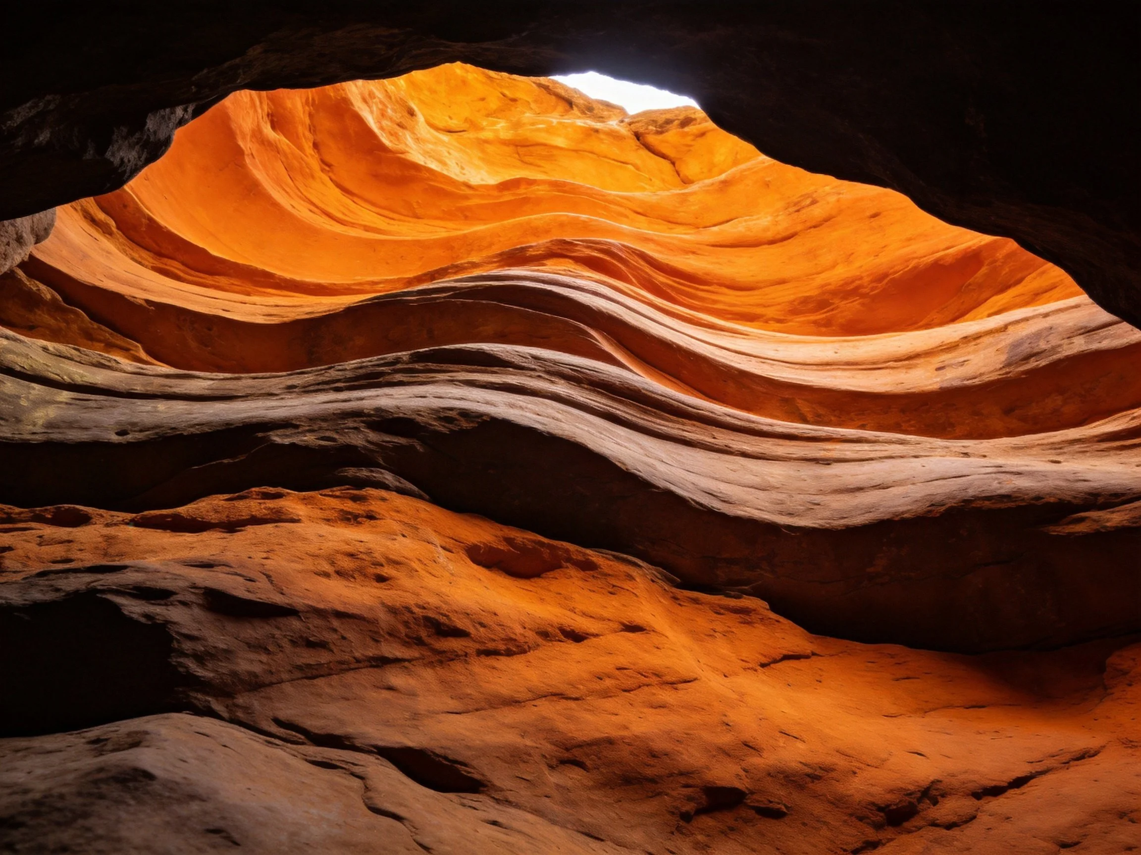 Vibrant orange and brown layered rock formations in a narrow canyon