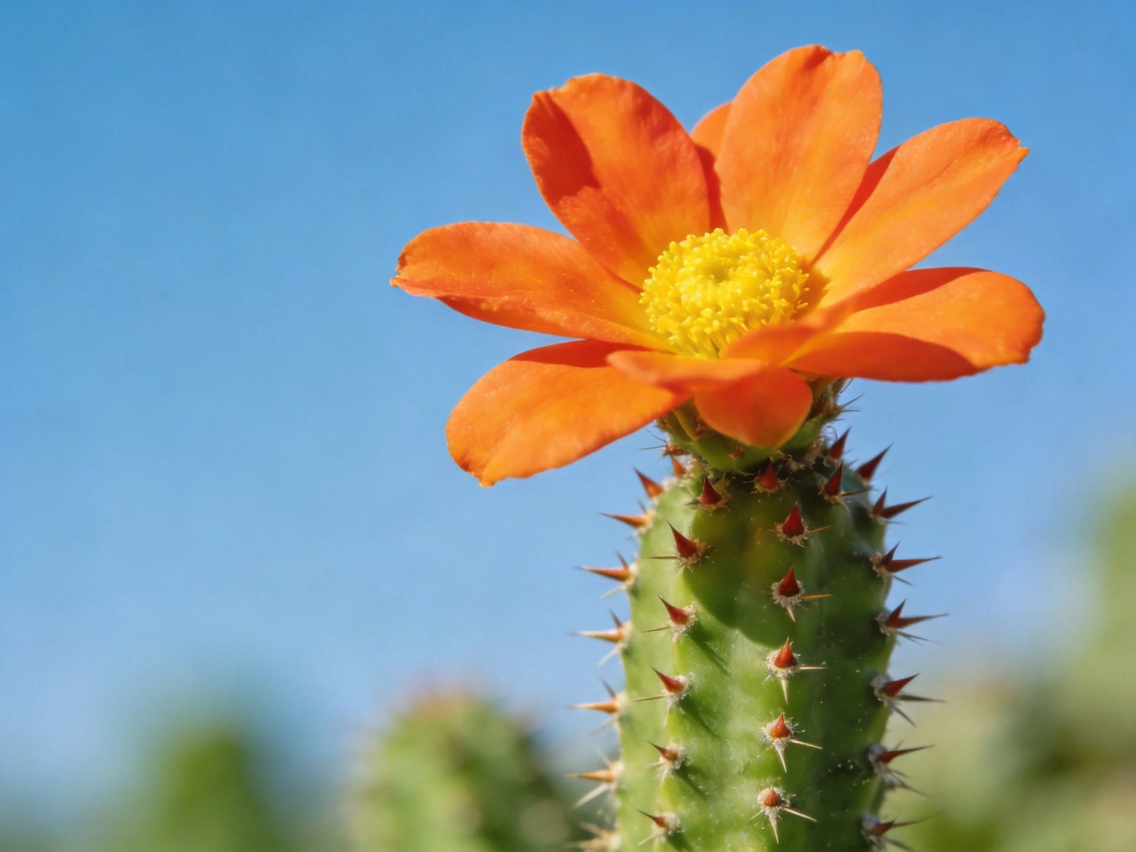 Vibrant orange cactus flower blooming atop spiny green stem
