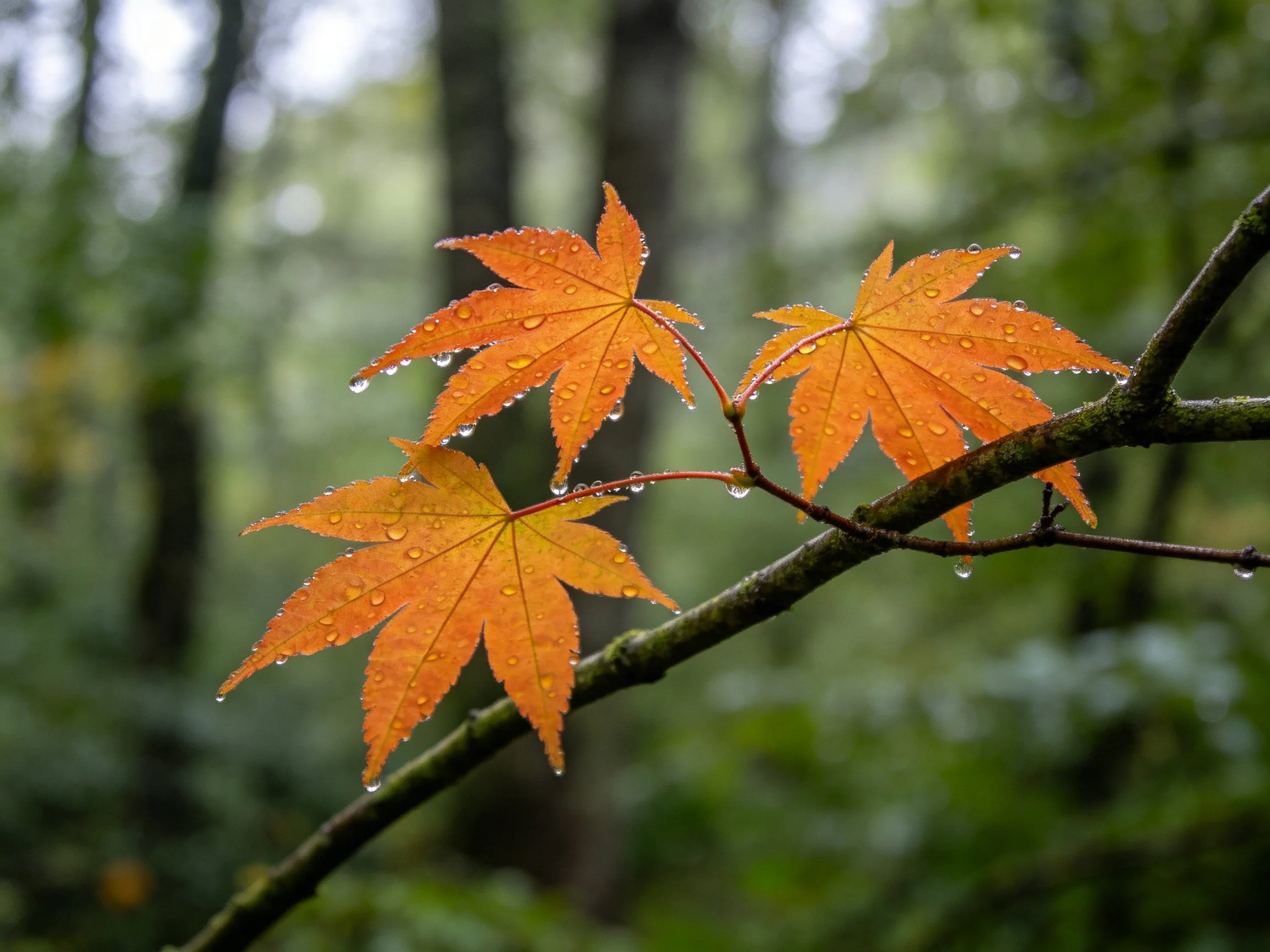 Vibrant orange maple leaves with dewdrops on a forest branch
