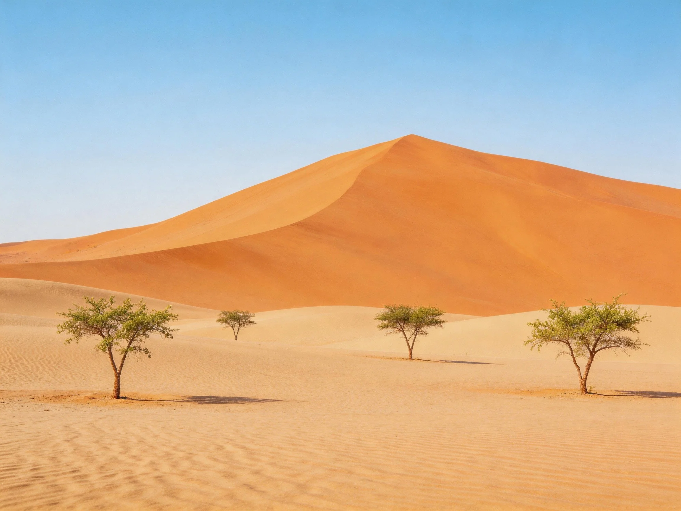 Vibrant orange sand dunes beside sparse green trees in arid landscape